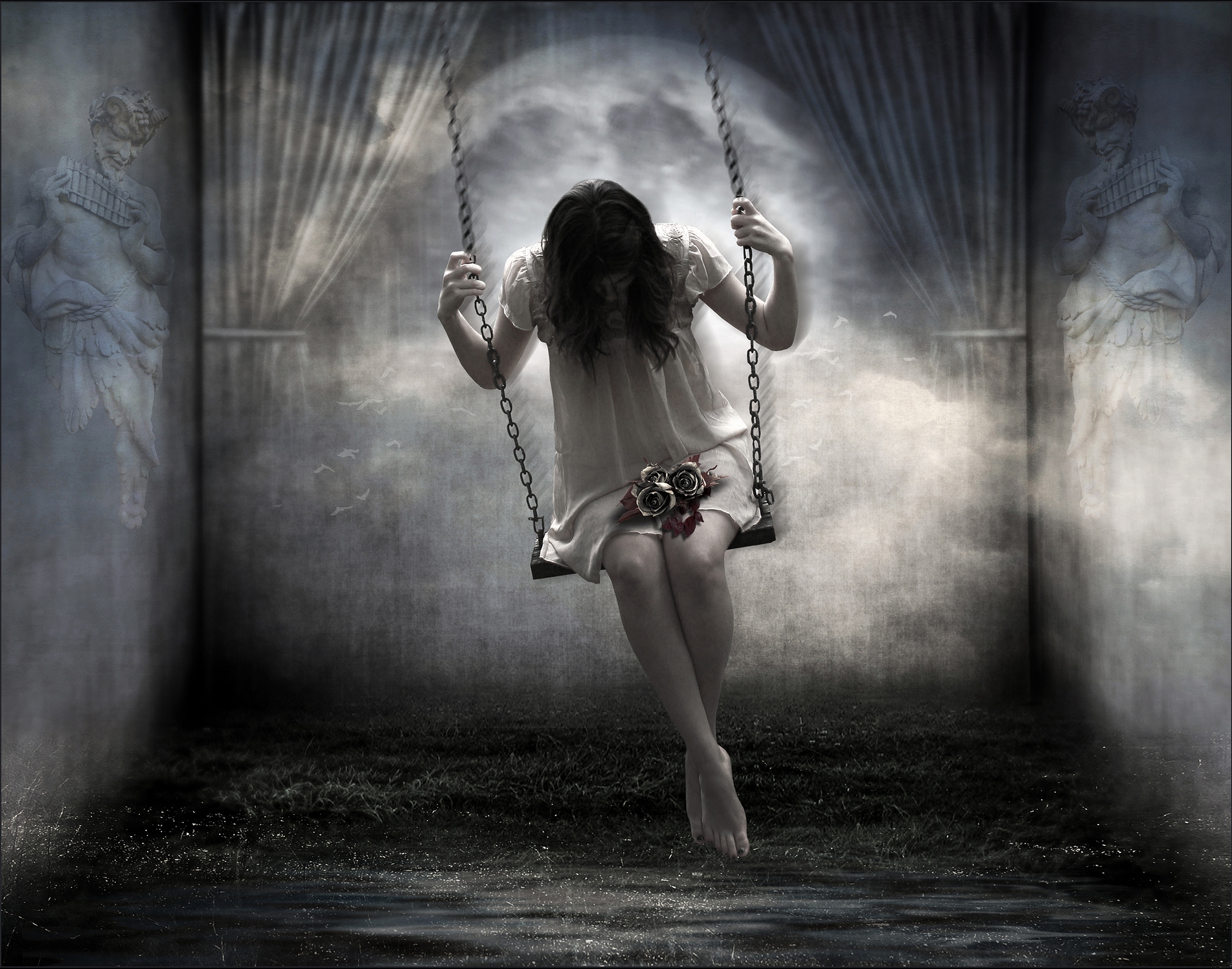 Free download wallpaper Rose, Swing, Photography, Ghost, Black & White, Manipulation on your PC desktop