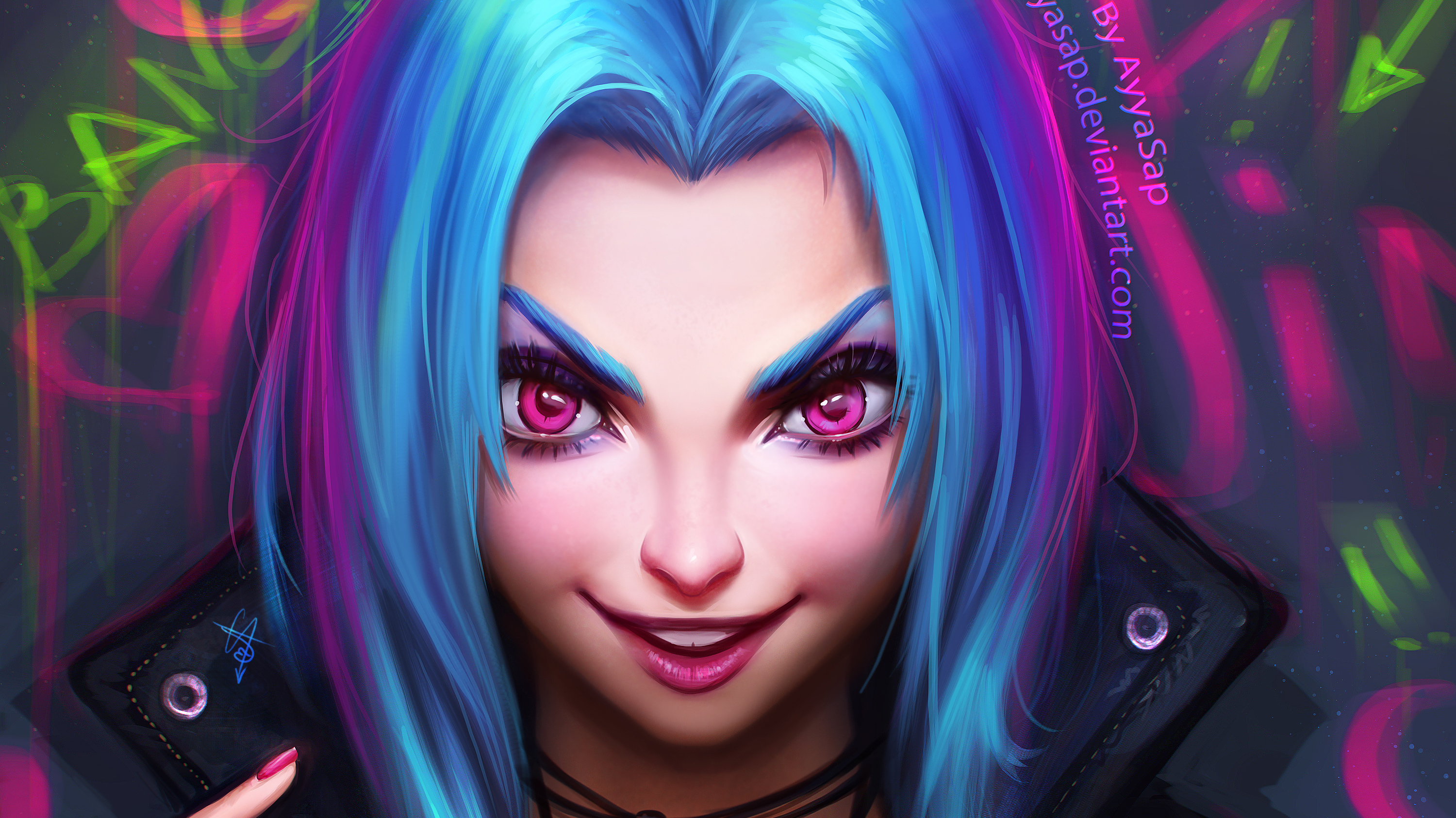 Download mobile wallpaper League Of Legends, Face, Blue Hair, Video Game, Pink Eyes, Jinx (League Of Legends) for free.
