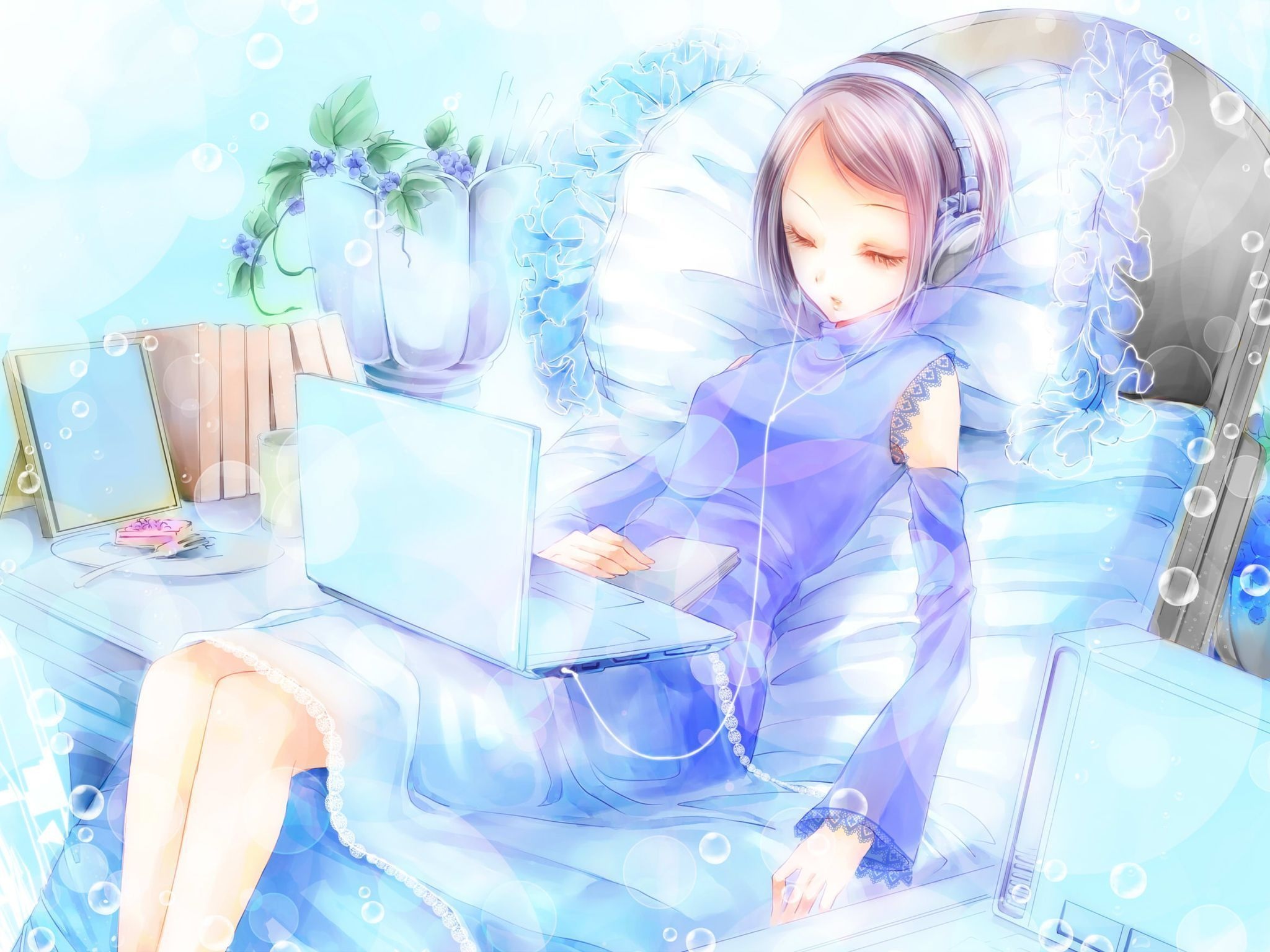 Download mobile wallpaper Anime, Girl, Laptop, Sleeping for free.