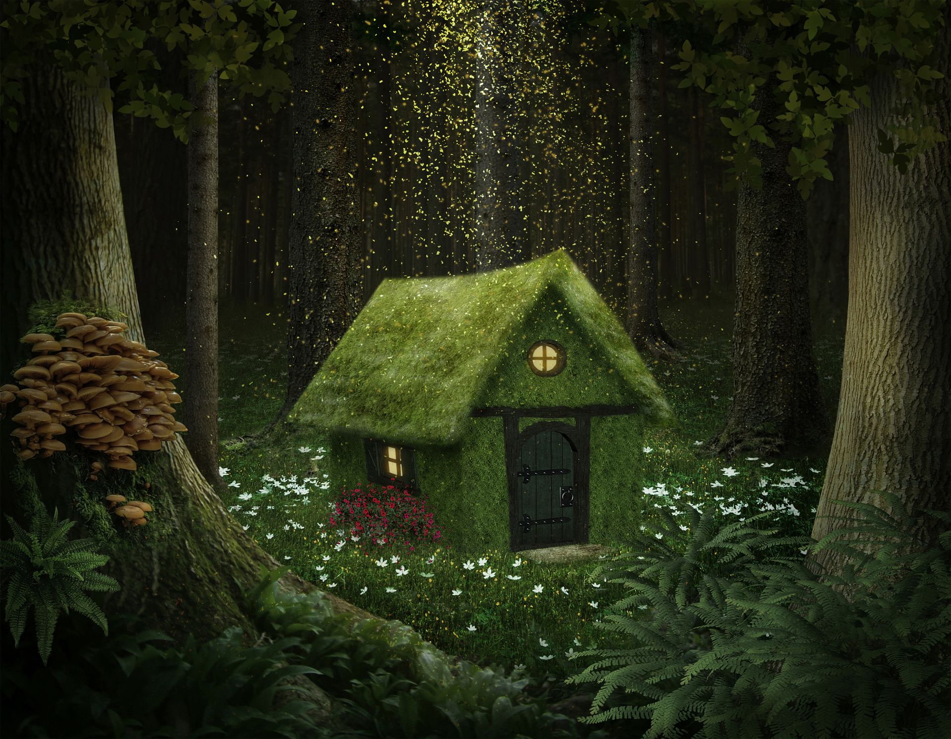 Download mobile wallpaper Fantasy, Flower, Forest, House, Mushroom, Artistic for free.