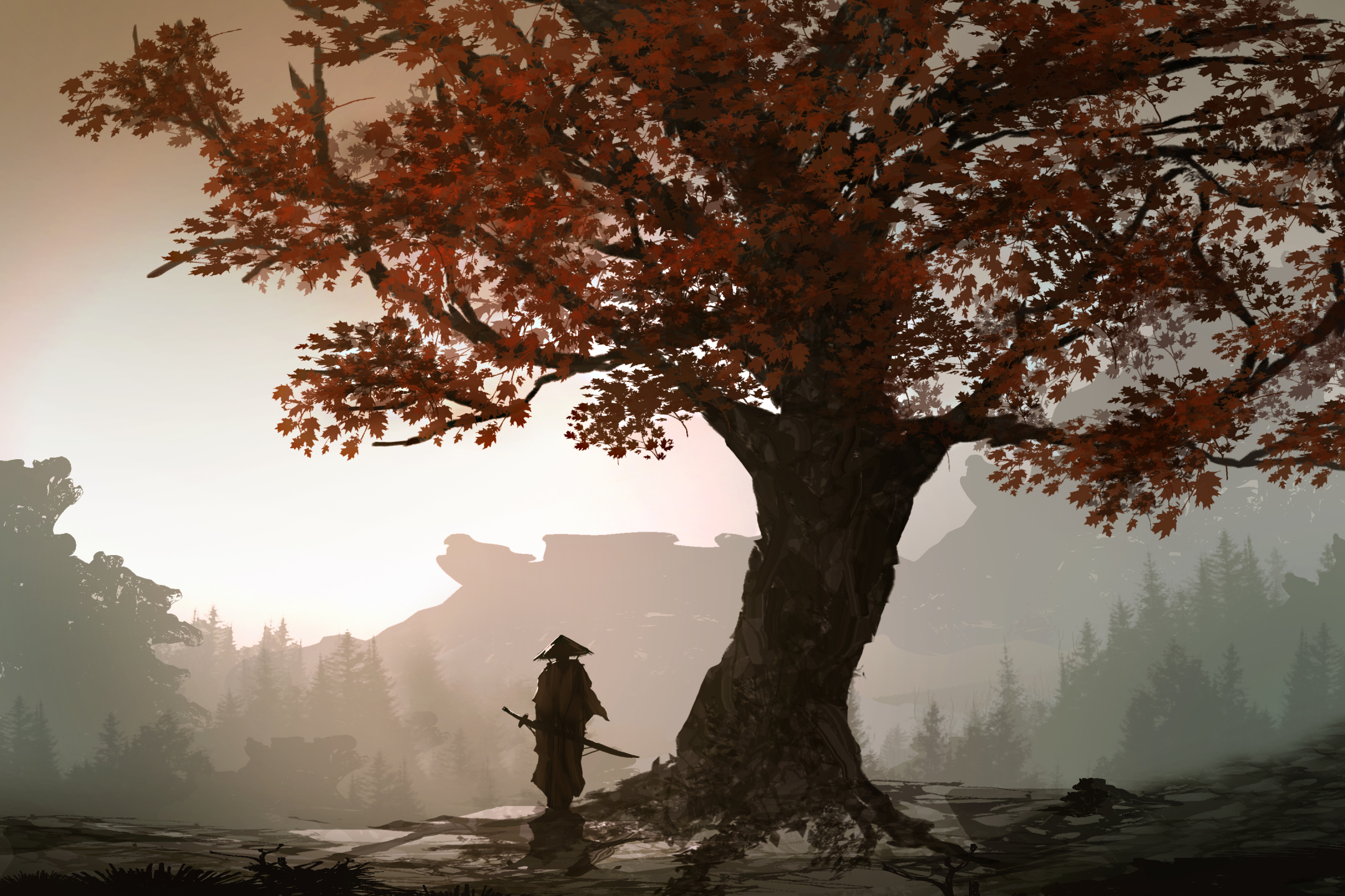 Laden Sie das Fantasie, Herbst, Baum, Krieger, Samurai-Bild kostenlos auf Ihren PC-Desktop herunter