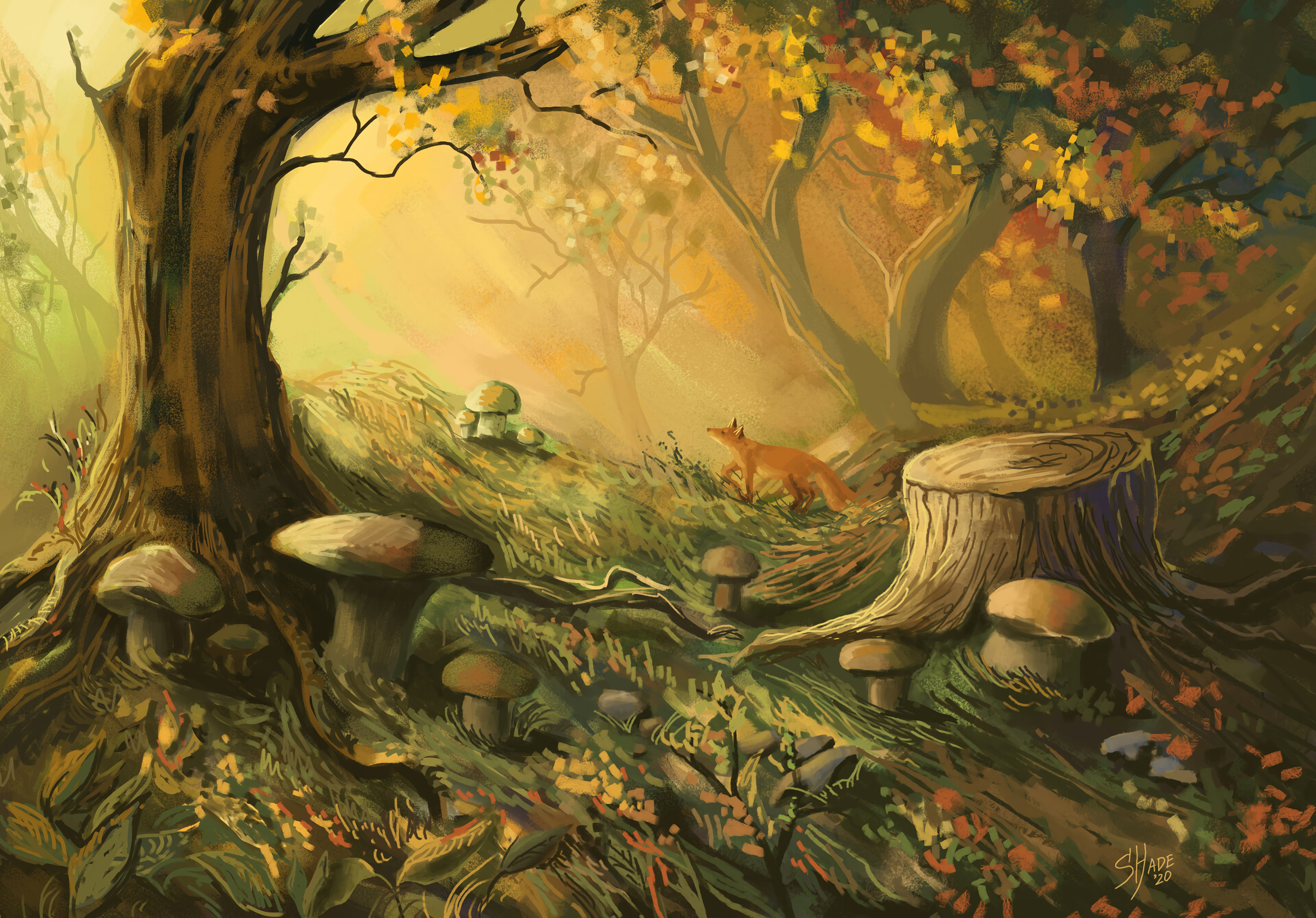 Laden Sie das Bäume, Ein Fuchs, Wald, Kunst, Fuchs, Pilze-Bild kostenlos auf Ihren PC-Desktop herunter