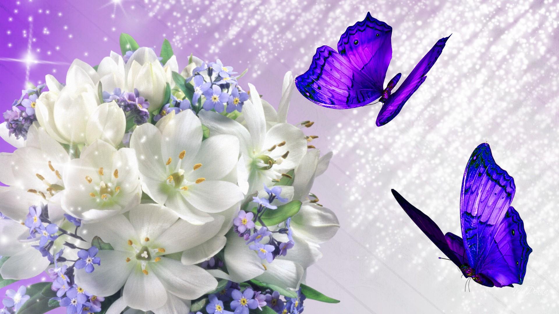 Download mobile wallpaper Flower, Butterfly, Artistic, White Flower, Sparkles for free.