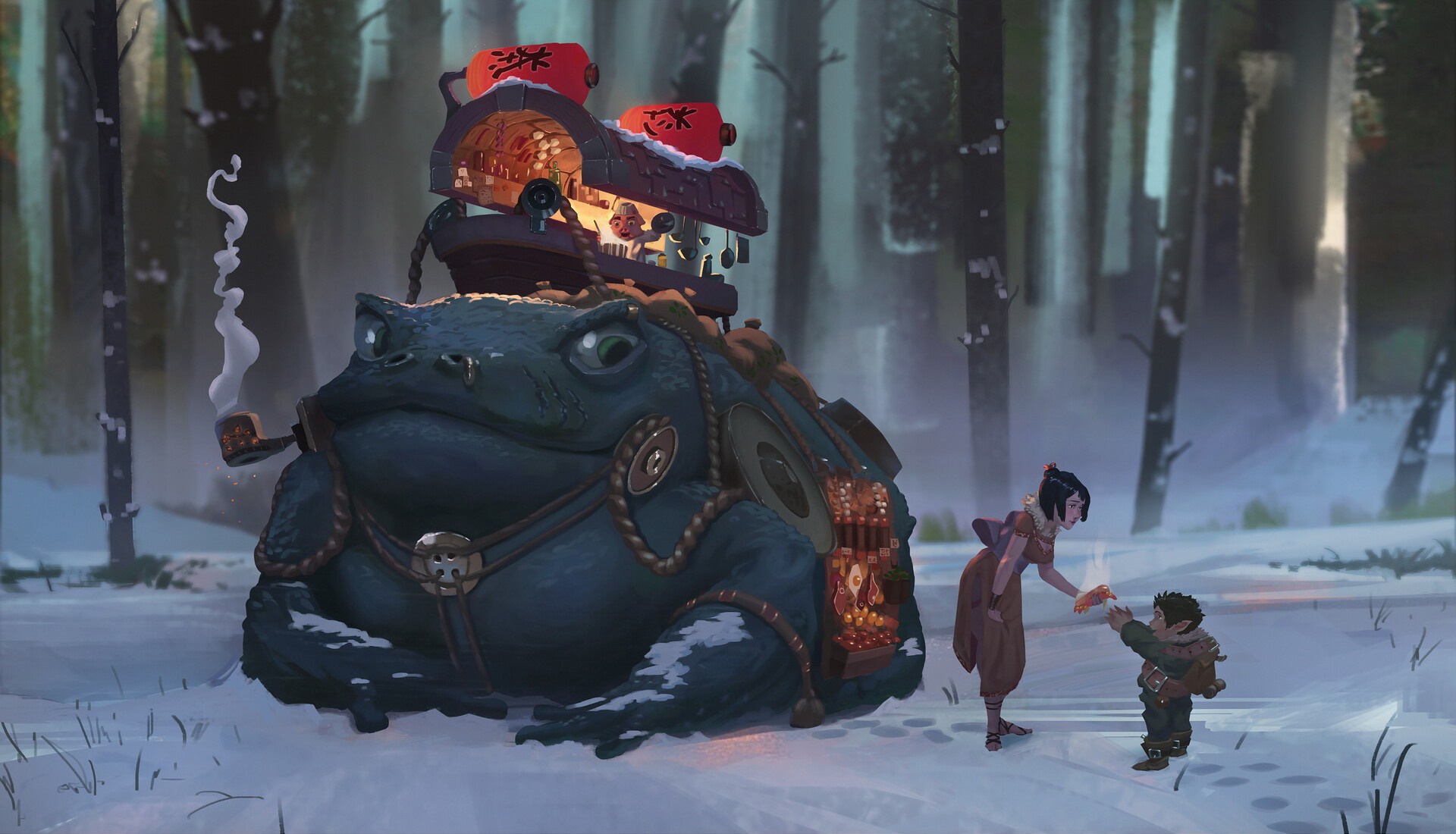 Laden Sie das Menschen, Winter, Fantasie, Wald, Kind, Kröte-Bild kostenlos auf Ihren PC-Desktop herunter