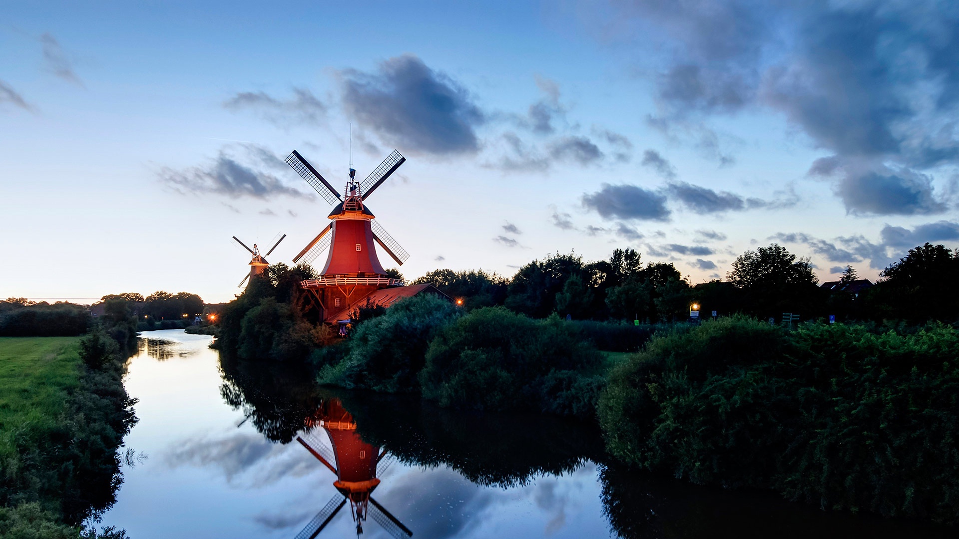 Free download wallpaper Building, Reflection, River, Windmill, Man Made on your PC desktop