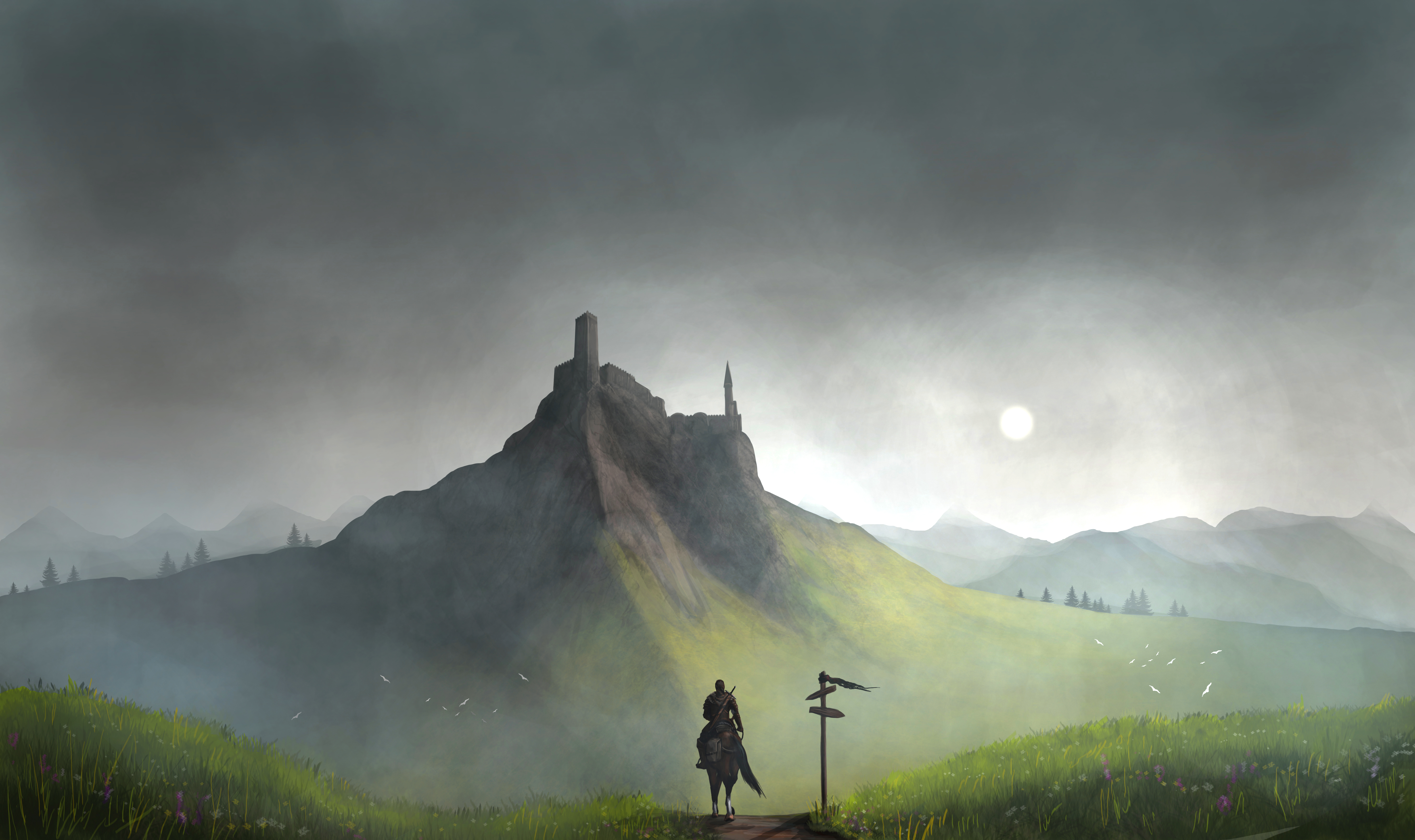 Free download wallpaper Landscape, Fantasy, Warrior, Horse, Castle on your PC desktop