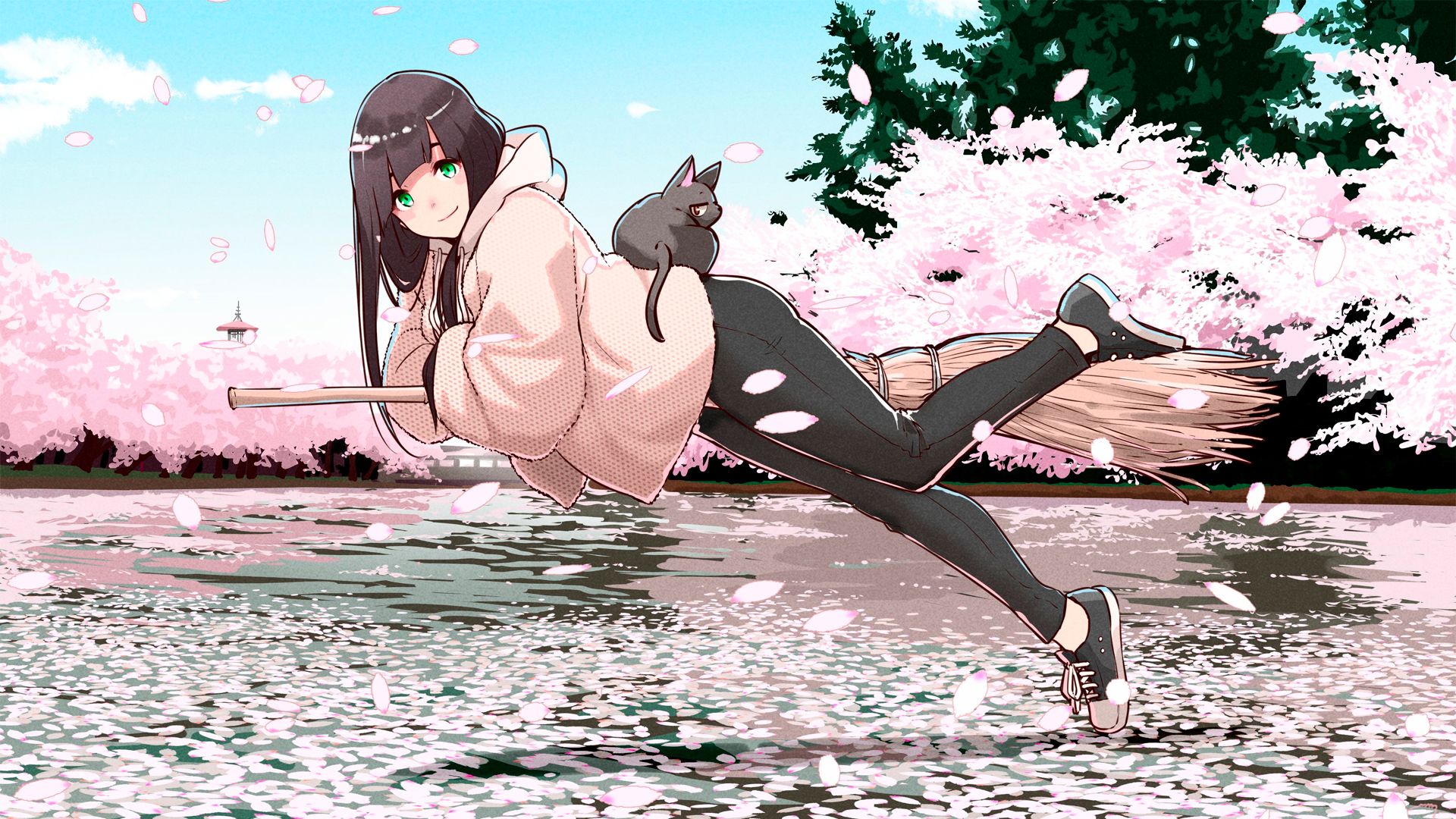 anime, flying witch, cat, cherry blossom, green eyes, long hair, makoto kowata, water