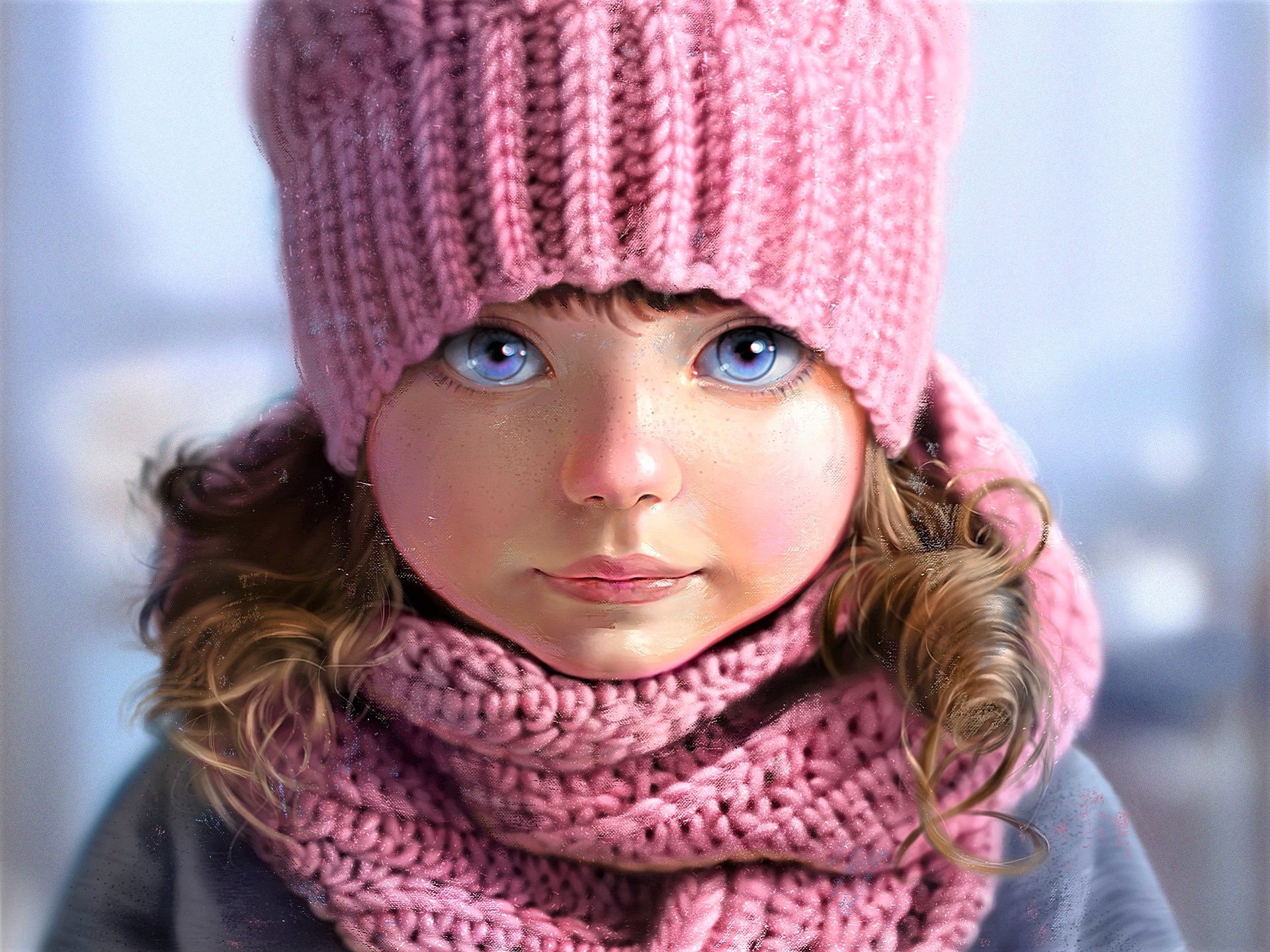 Handy-Wallpaper Winter, Malerei, Gesicht, Hut, Schal, Blaue Augen, Künstlerisch, Kleines Mädchen kostenlos herunterladen.