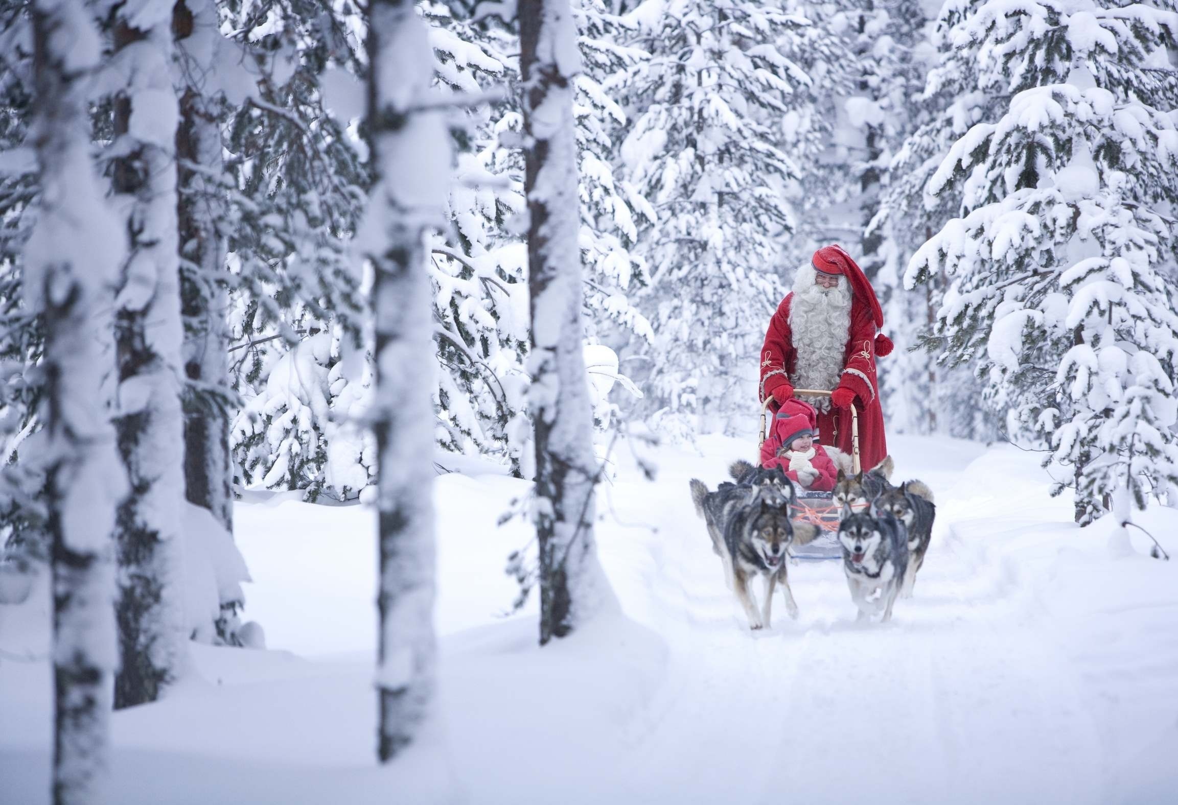 Download mobile wallpaper Winter, Snow, Dog, Christmas, Holiday, Child, Sleigh, Santa for free.