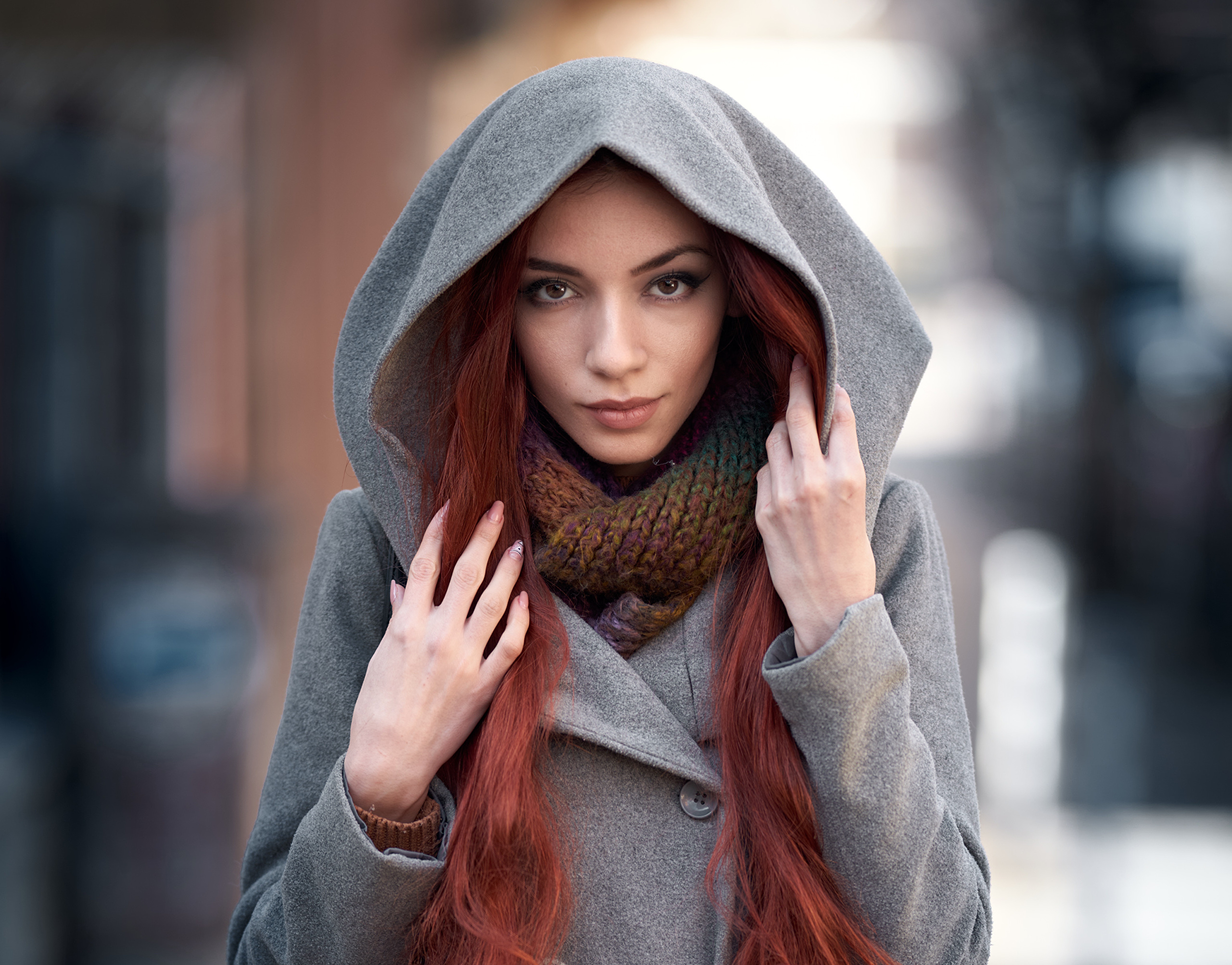 Free download wallpaper Hood, Model, Women, Long Hair, Red Hair, Depth Of Field on your PC desktop