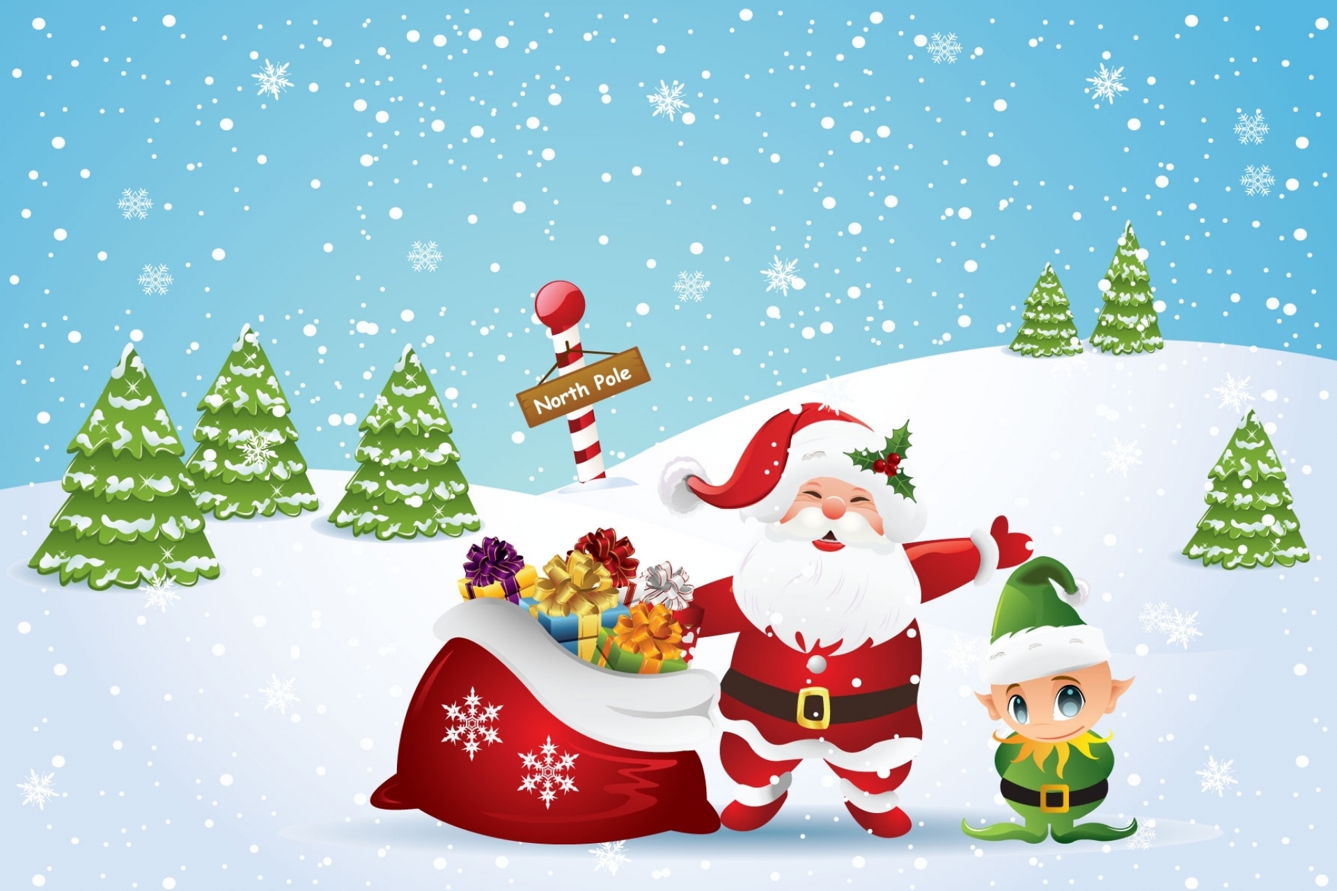 Скачать картинку Снег, Дерево, Рождество, Эльф, Санта Клаус, Подарки, Снегопад, Северный Полюс, Праздничные в телефон бесплатно.