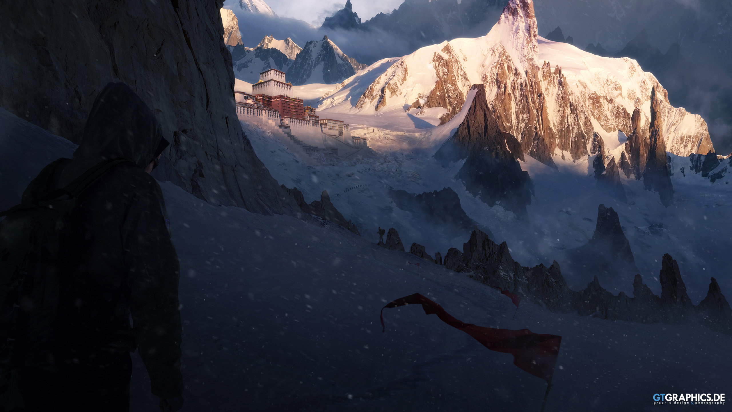 Download mobile wallpaper Fantasy, Snow, Mountain, Adventure, Banner for free.