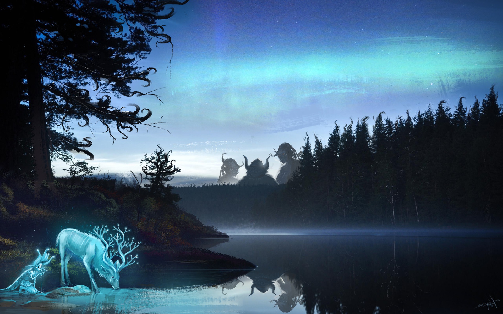 Free download wallpaper Fantasy, Lake, Reflection, Creature, Deer, Giant, Spirit on your PC desktop