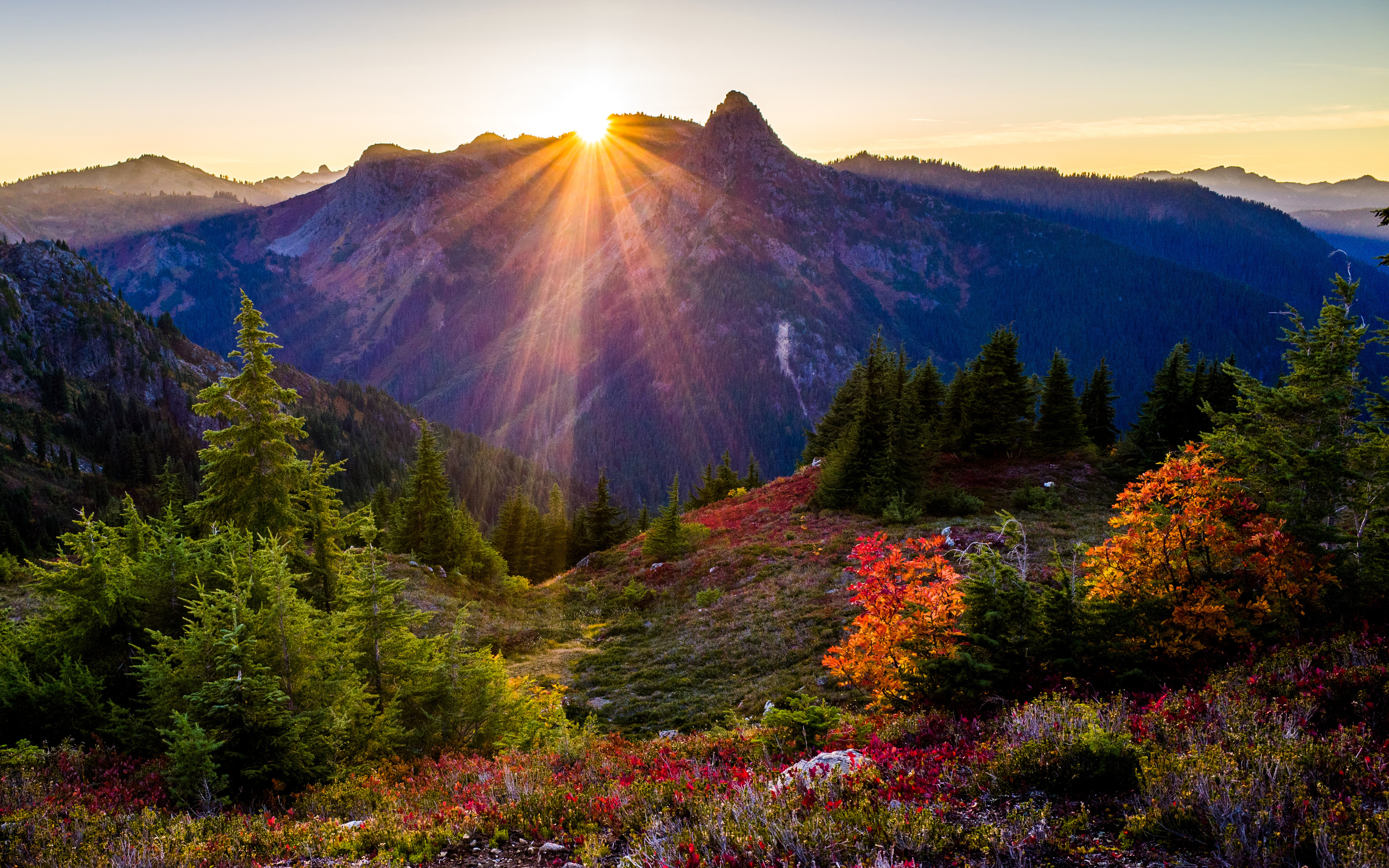 Download mobile wallpaper Landscape, Mountain, Fall, Sunrise, Earth, Sunbeam for free.