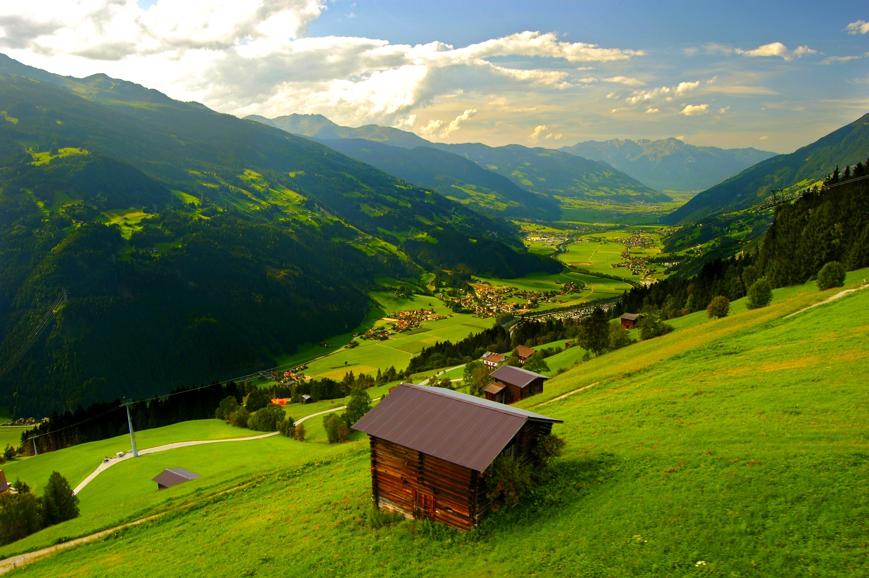 Free download wallpaper Landscape, Mountain, Forest, House, Village, Valley, Man Made on your PC desktop