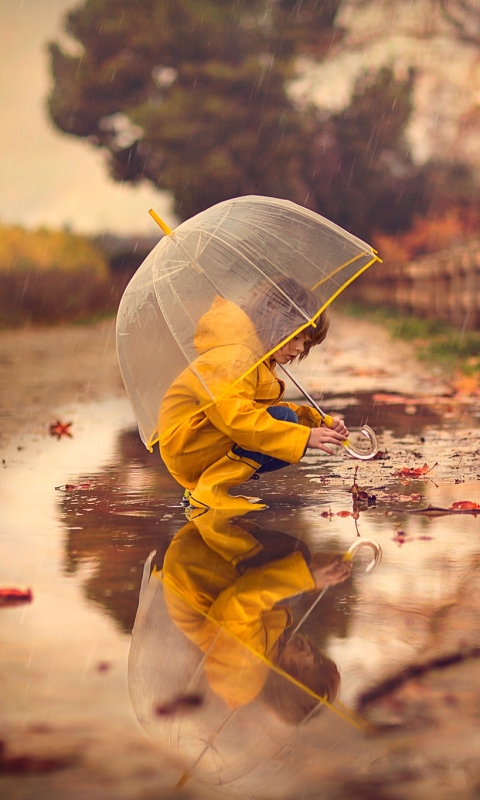 Download mobile wallpaper Rain, Reflection, Umbrella, Child, Photography, Little Girl for free.