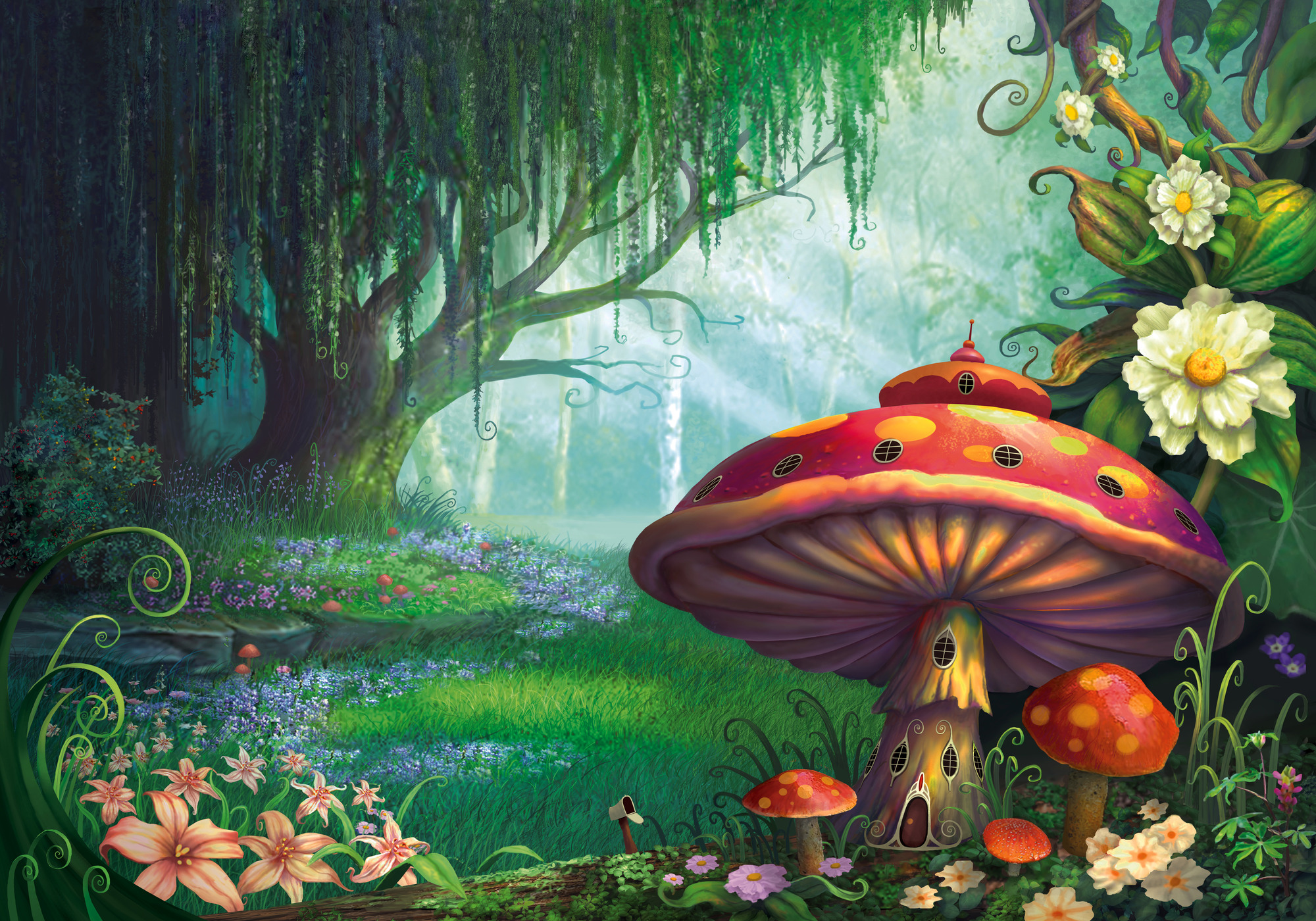 Free download wallpaper Fantasy, Flower, Forest, Tree, House, Mushroom, Spring, Artistic on your PC desktop