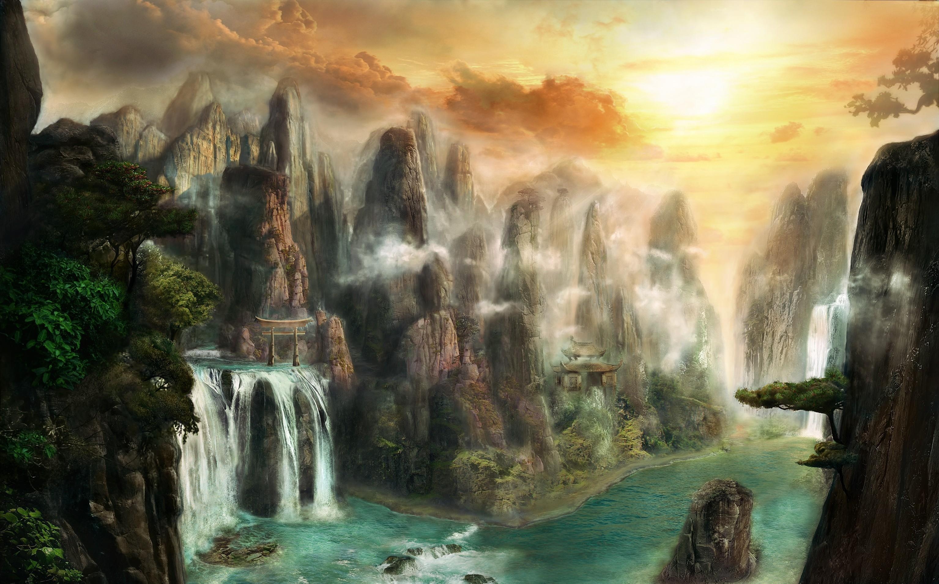 fantasy, nature, rocks, waterfall, fog Free Background