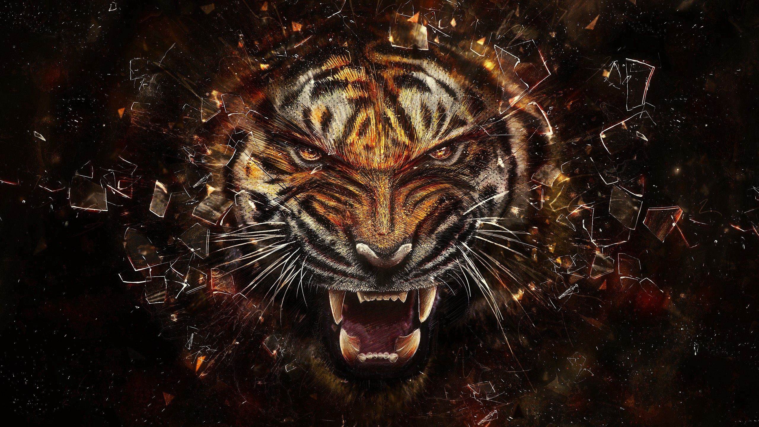 95682 скачать картинку тигр, стекло, абстракция, осколки, оскал, агрессия - обои и заставки бесплатно