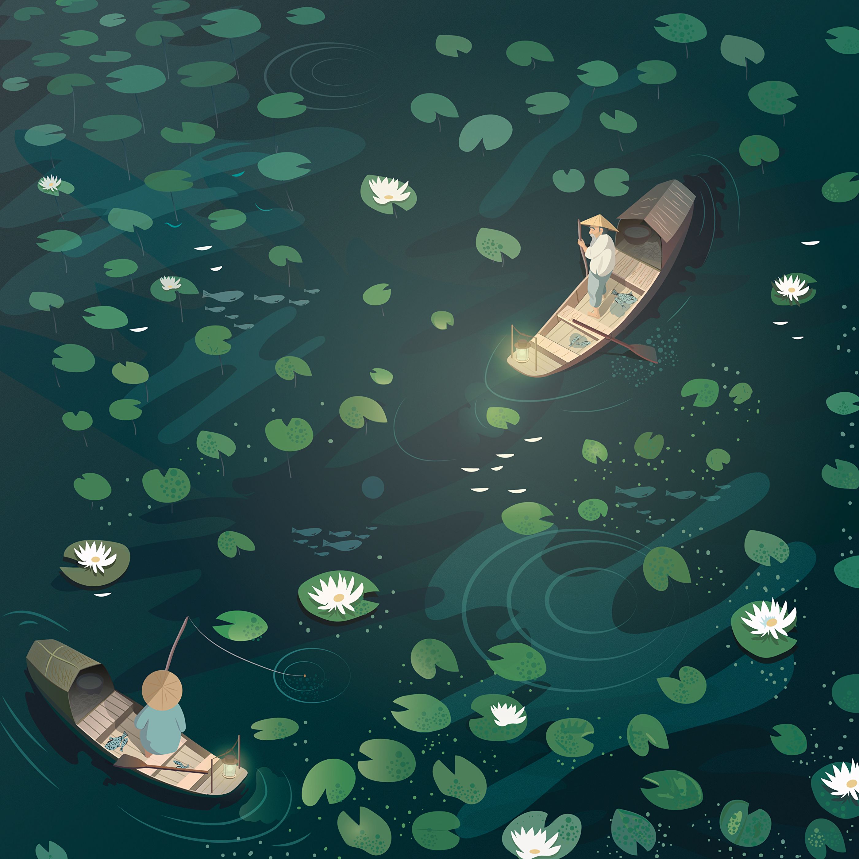 Download mobile wallpaper Art, Fisherman, Water Lilies, Boat for free.