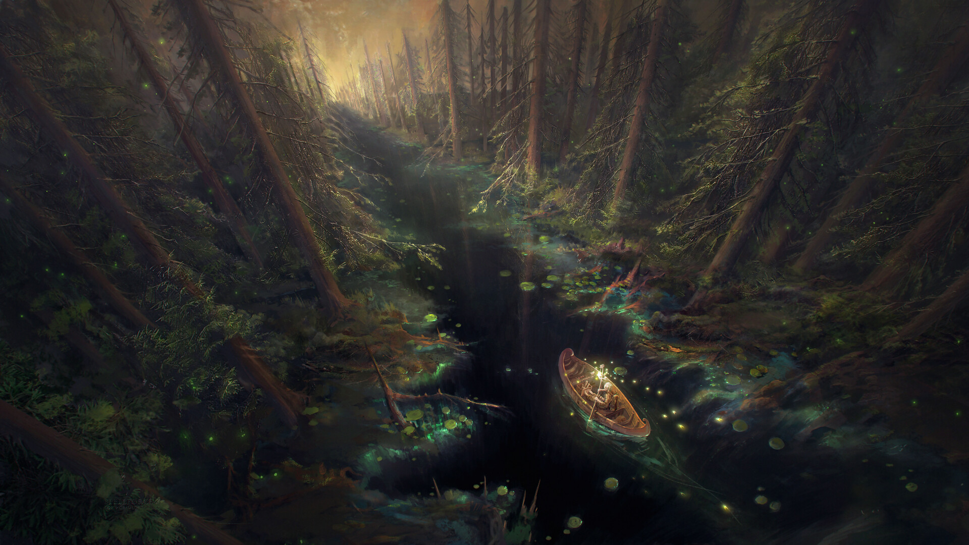 Laden Sie das Fantasie, Wald, Baum, Fluss, Boot, Abenteuer-Bild kostenlos auf Ihren PC-Desktop herunter
