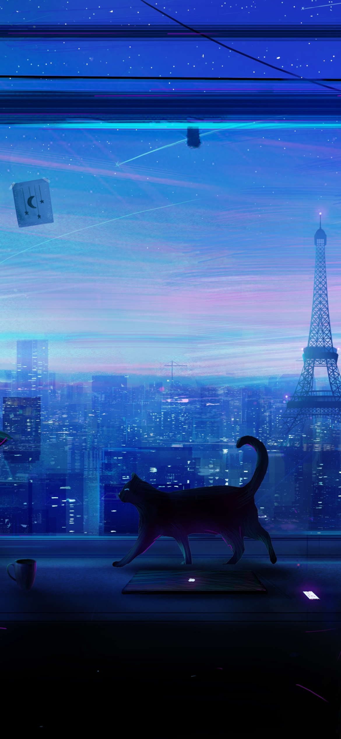 Download mobile wallpaper Anime, Sky, Stars, City, Cat for free.