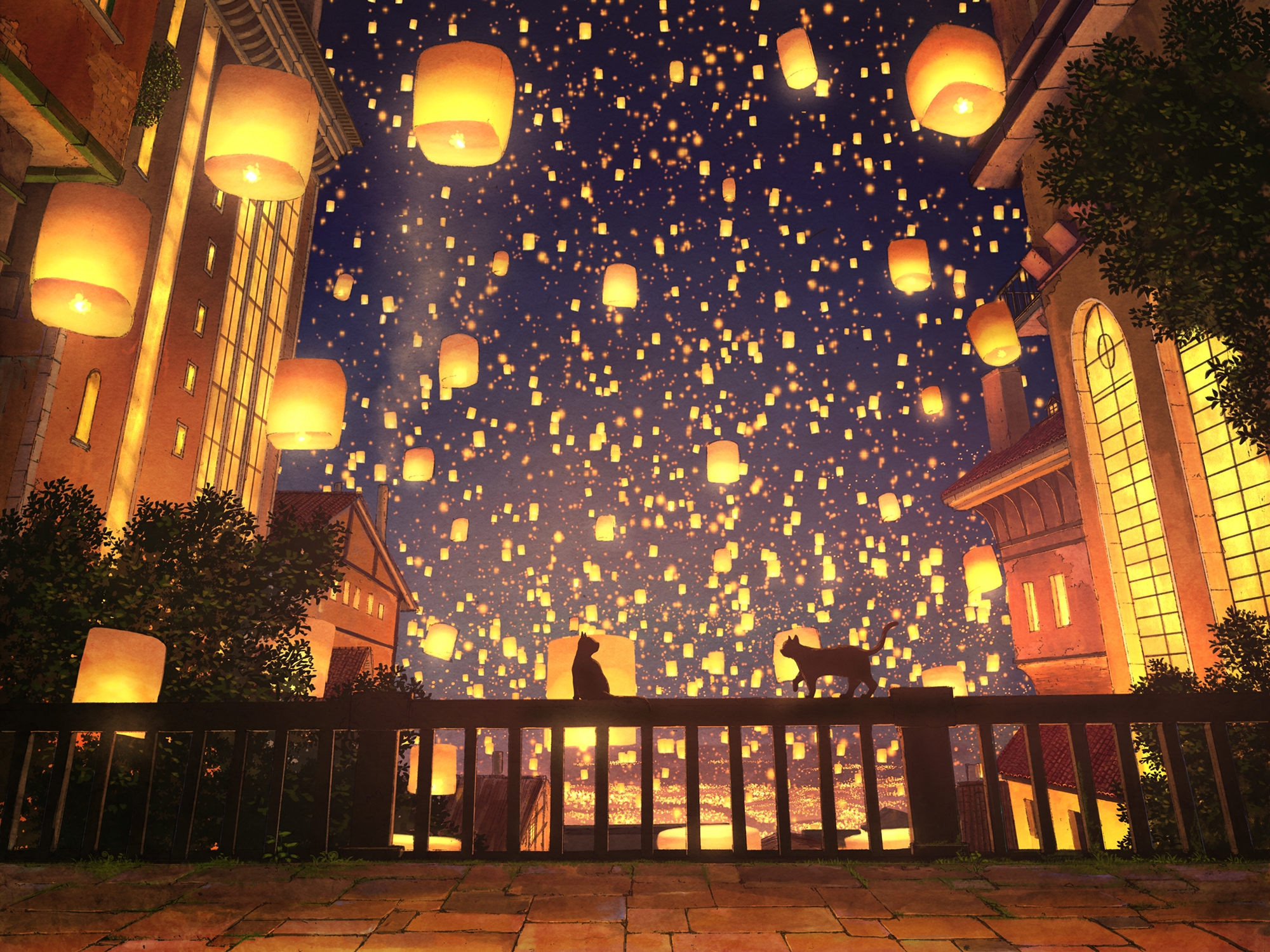 Download mobile wallpaper Anime, Night, City, Light, Cat, Original for free.
