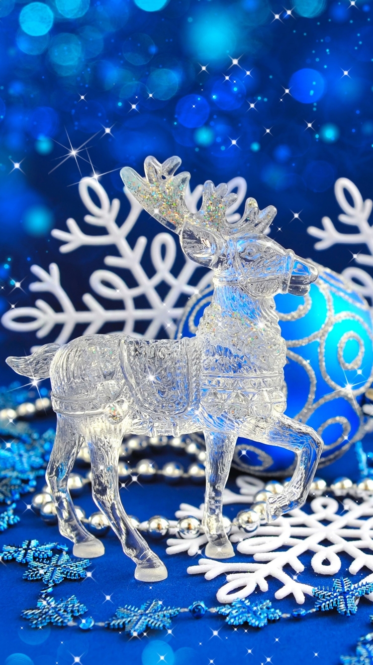 Handy-Wallpaper Feiertage, Schnee, Weihnachten, Weihnachtsschmuck, Reh, Hirsch, Schneeflocke kostenlos herunterladen.