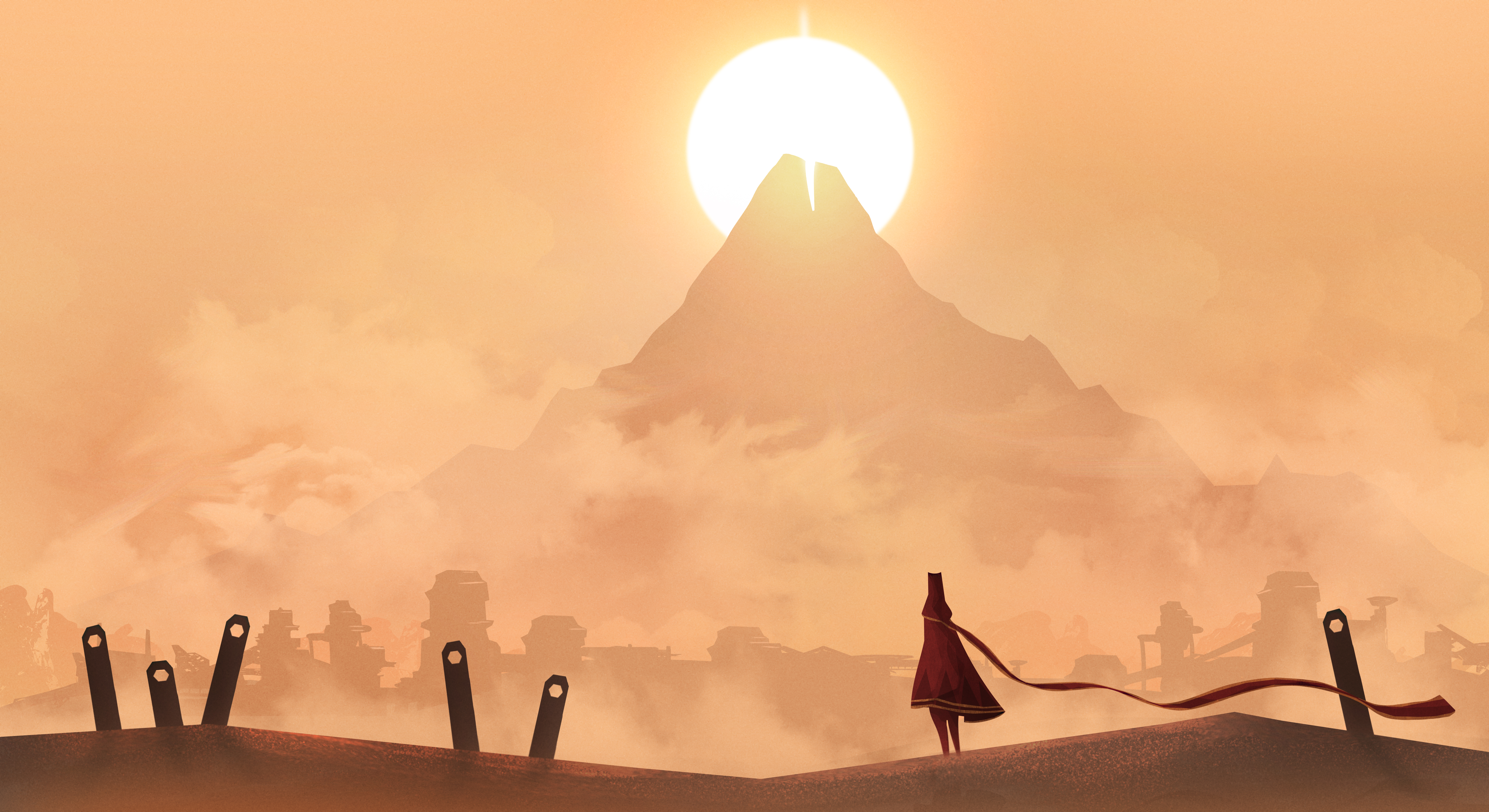 journey, video game, landscape, mountain, sun
