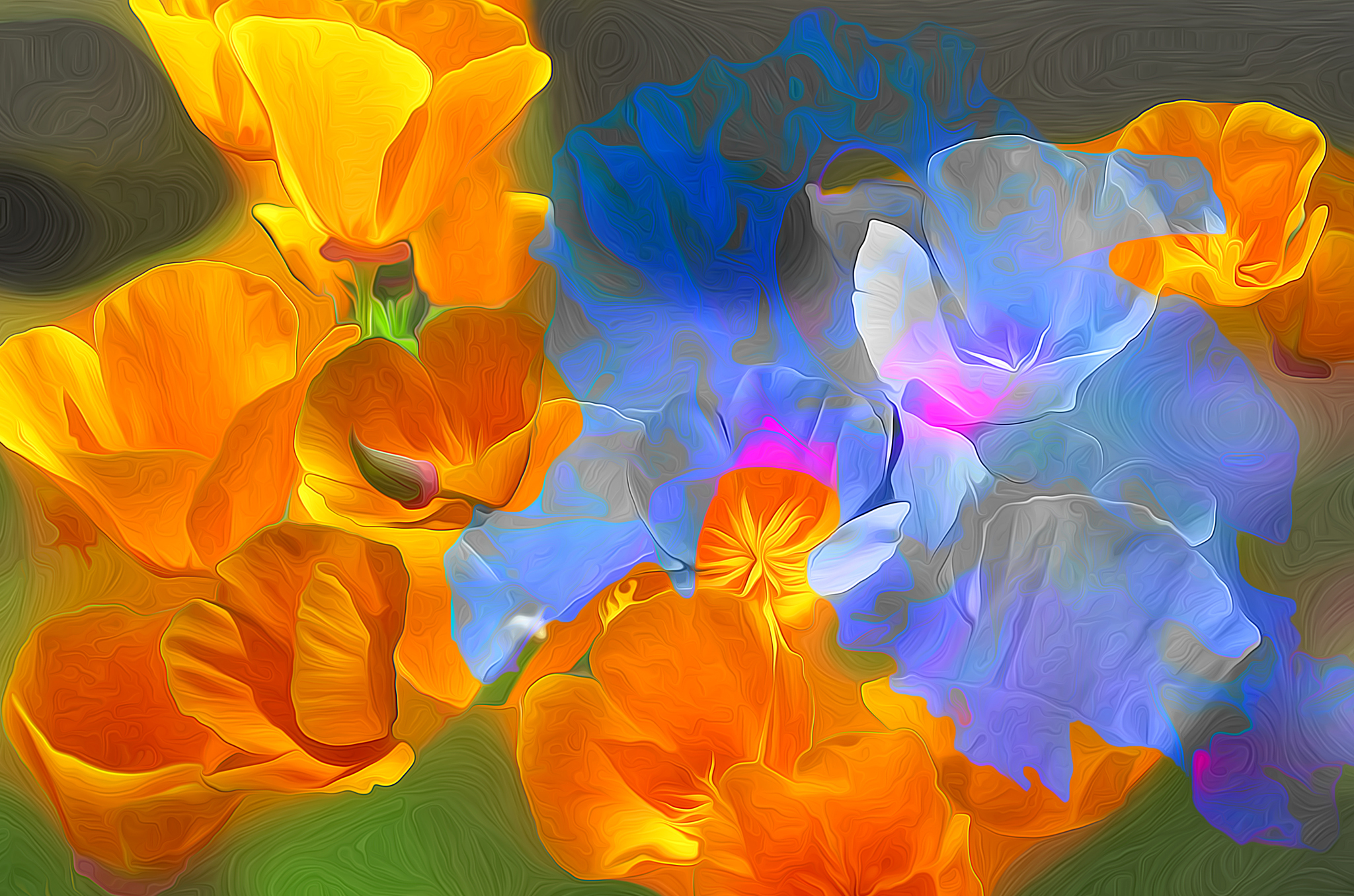 374264 скачать обои флауэрсы, синий цветок, художественные, цветок, оранжевый цветок - заставки и картинки бесплатно