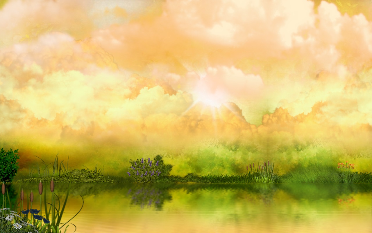 Free download wallpaper Landscape, Evening, Artistic, Cloud, River, Peach (Color) on your PC desktop