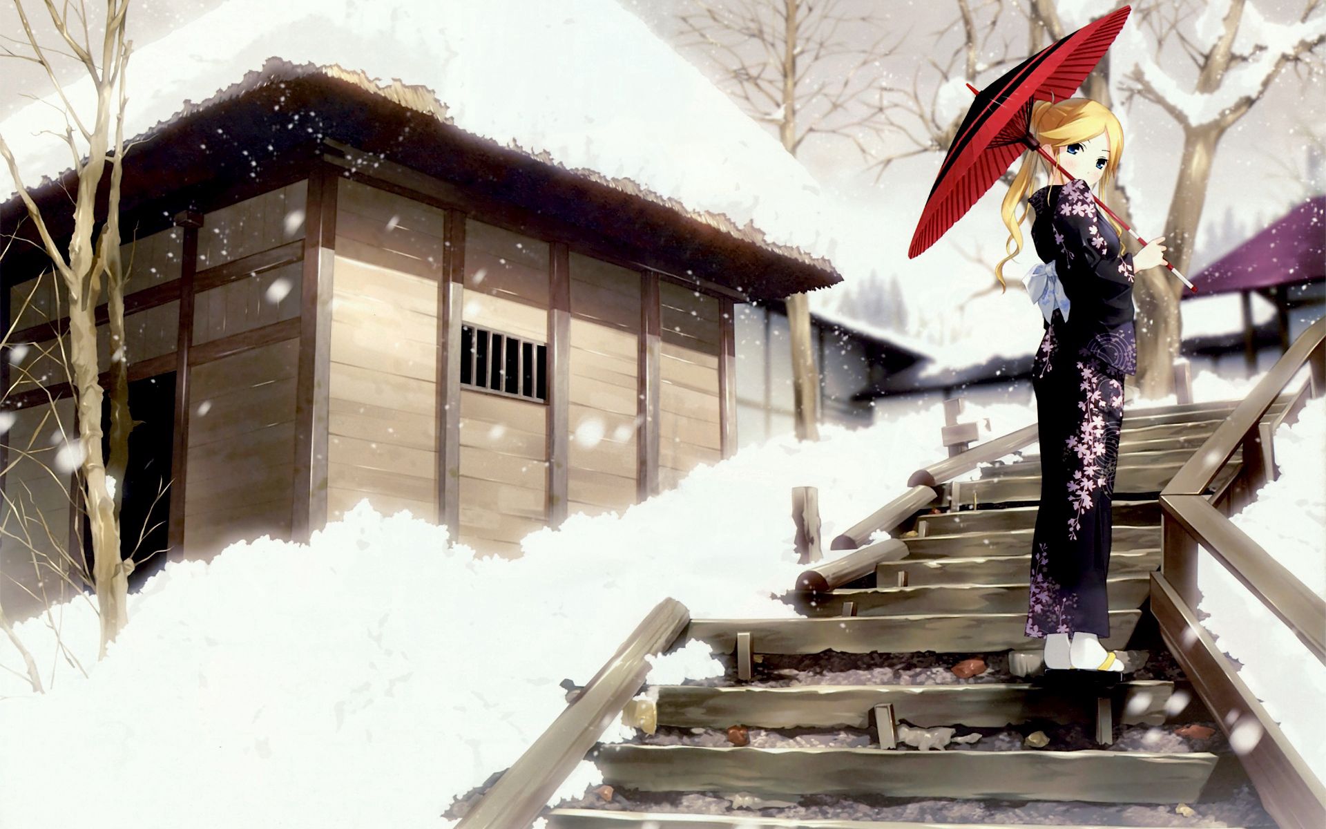 anime, winter, stroll, kimono, animeshka, geisha