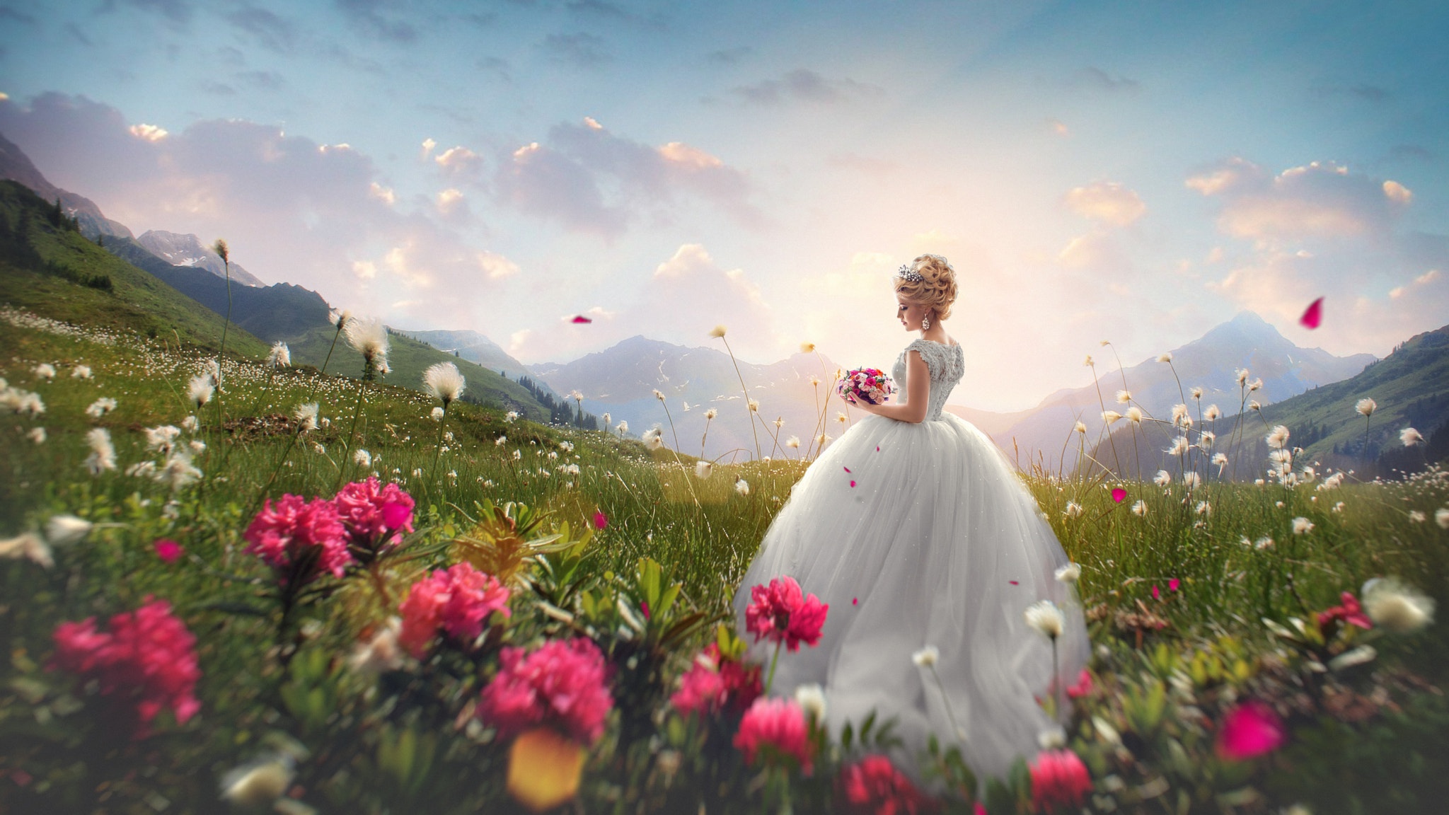 Free download wallpaper Mountain, Flower, Blonde, Dress, Bride, Women, Wedding Dress, White Dress on your PC desktop
