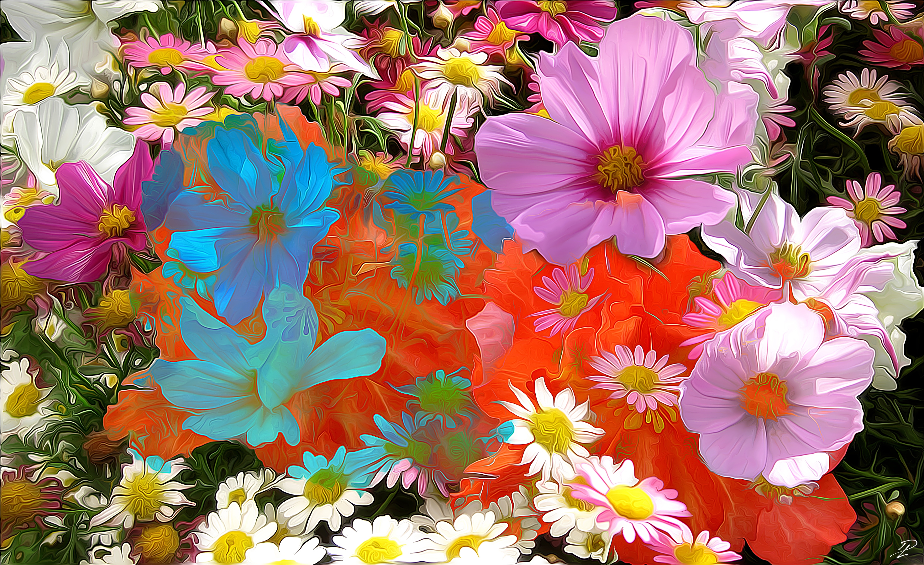 Laden Sie das Blume, Bunt, Malerei, Gänseblümchen, Künstlerisch, Kosmeen-Bild kostenlos auf Ihren PC-Desktop herunter
