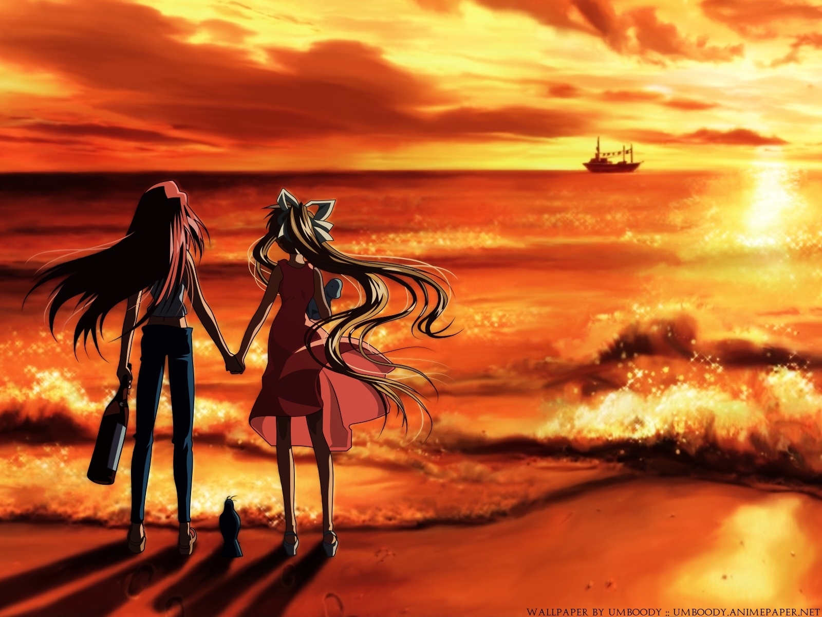 Free download wallpaper Water, Sunset, Sea, Anime on your PC desktop