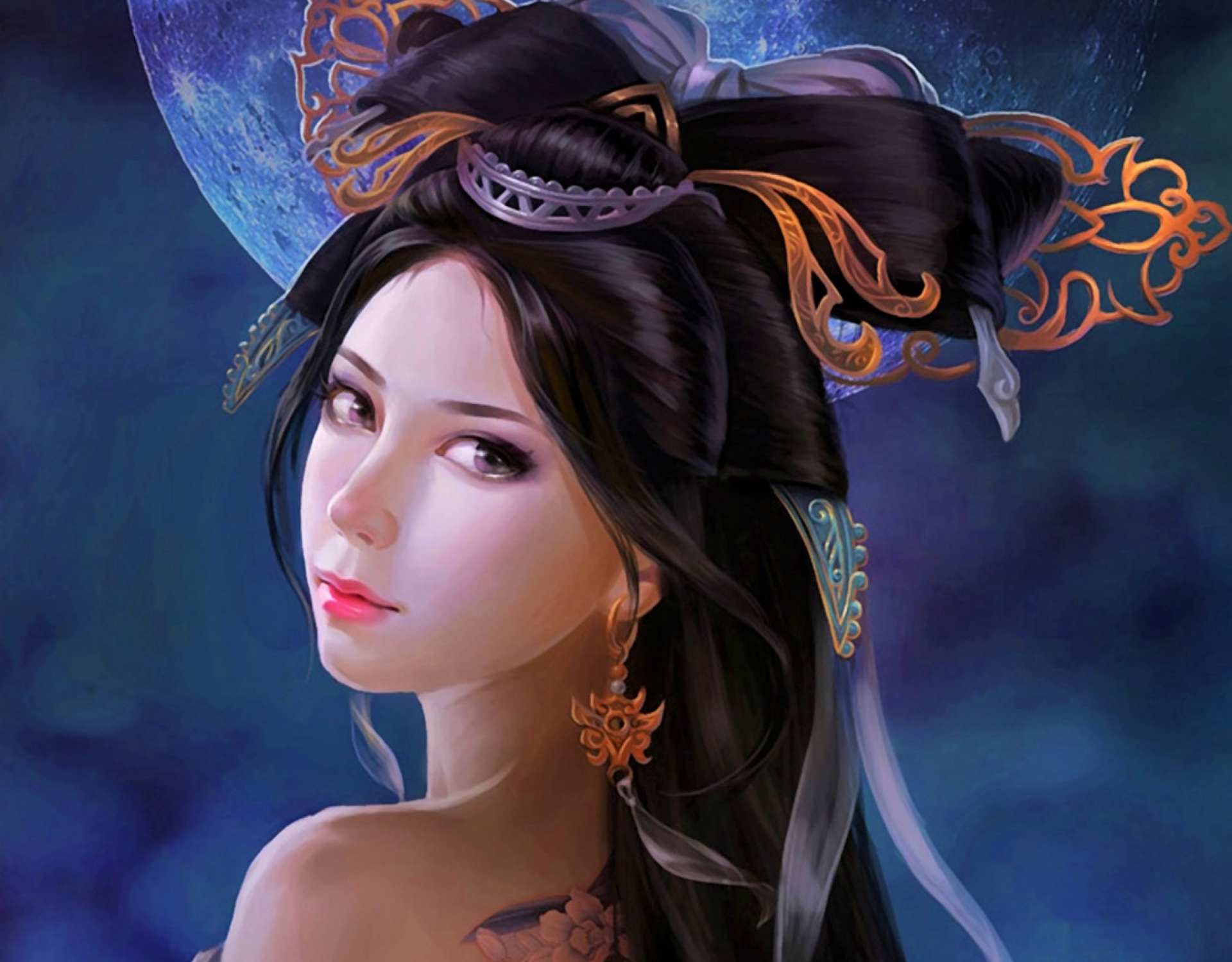 Download mobile wallpaper Fantasy, Moon, Tattoo, Oriental, Women for free.