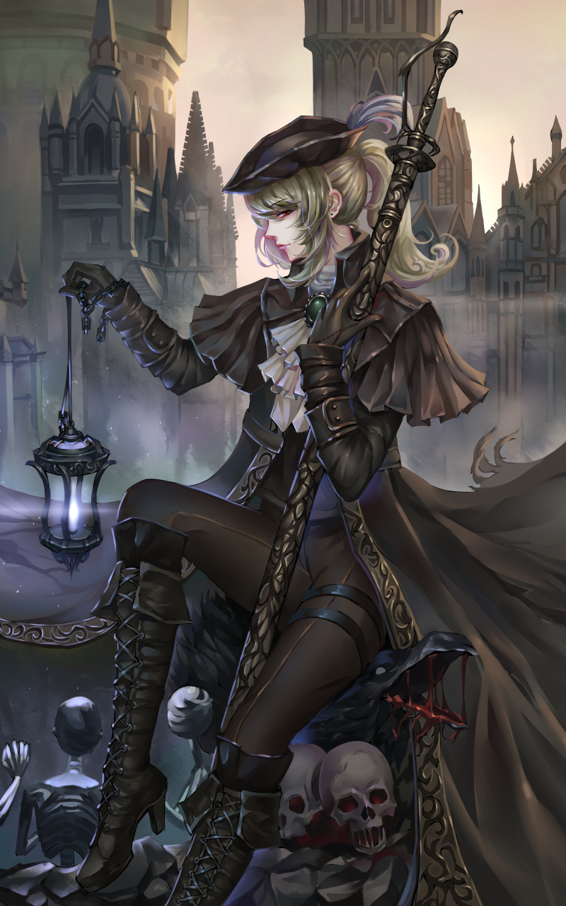 Download mobile wallpaper Weapon, Lantern, Boots, Green Hair, Sword, Video Game, Long Hair, Ponytail, Bloodborne, Lady Maria (Bloodborne) for free.