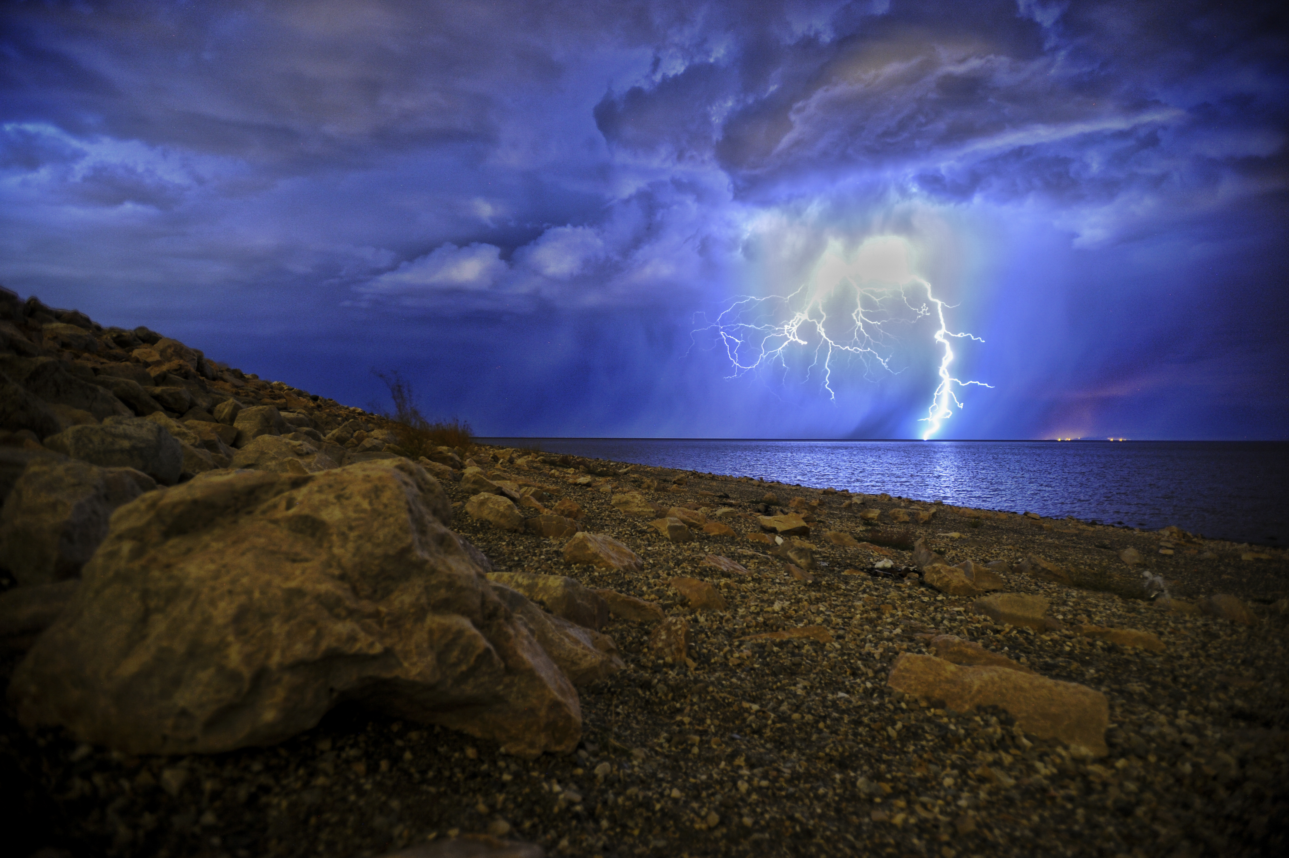 thunderstorm, nature, night, lake, shore, bank, mainly cloudy, overcast, storm HD wallpaper