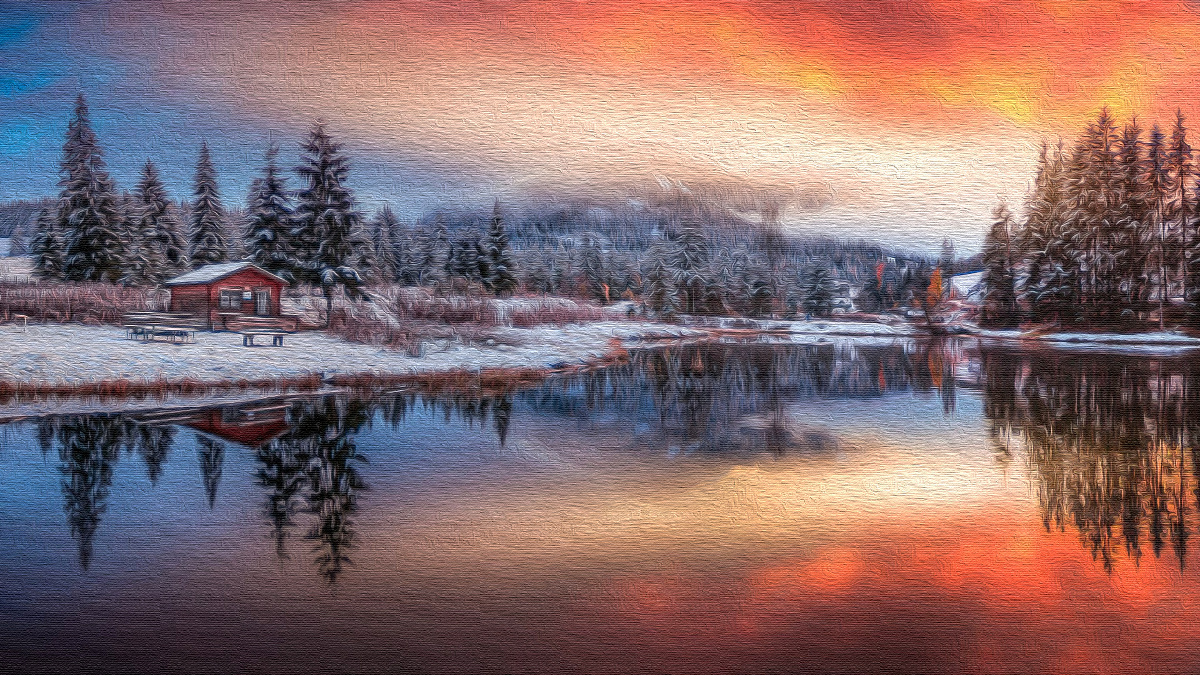 Download mobile wallpaper Winter, Lake, Tree, Cabin, Man Made for free.