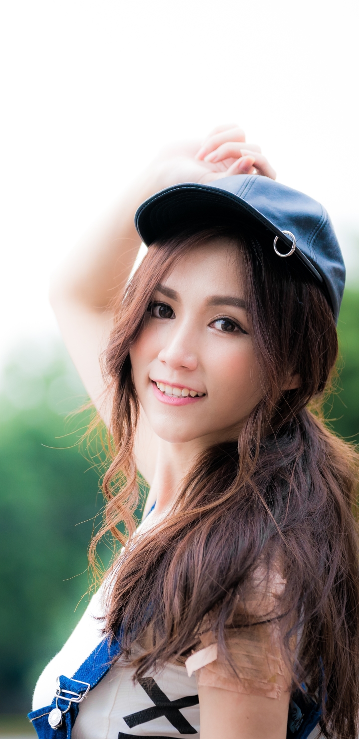 Download mobile wallpaper Smile, Cap, Brunette, Model, Women, Asian for free.