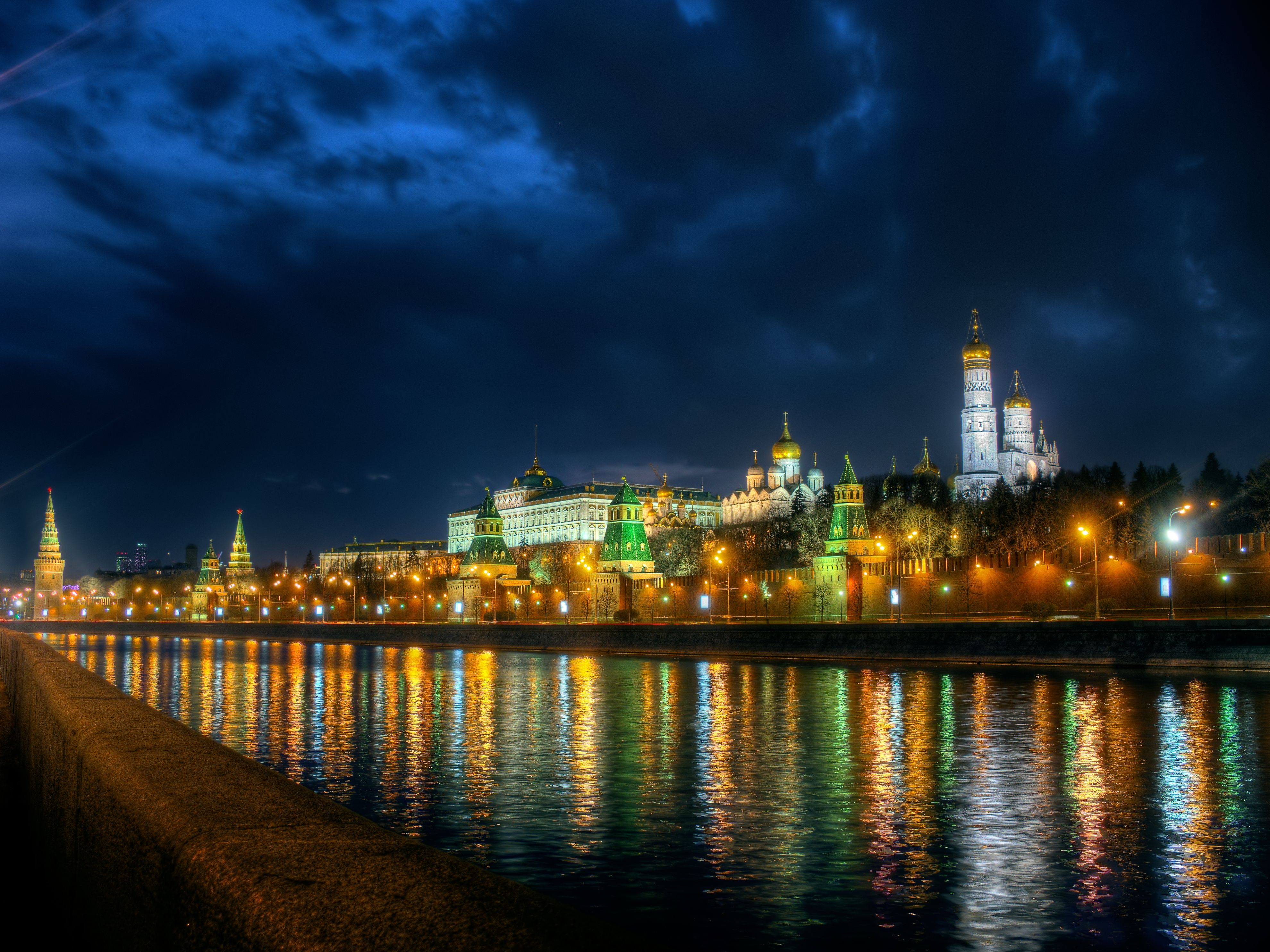 Free download wallpaper Cities, Night, Building, Reflection, Light, Hdr, River, Moscow, Man Made on your PC desktop