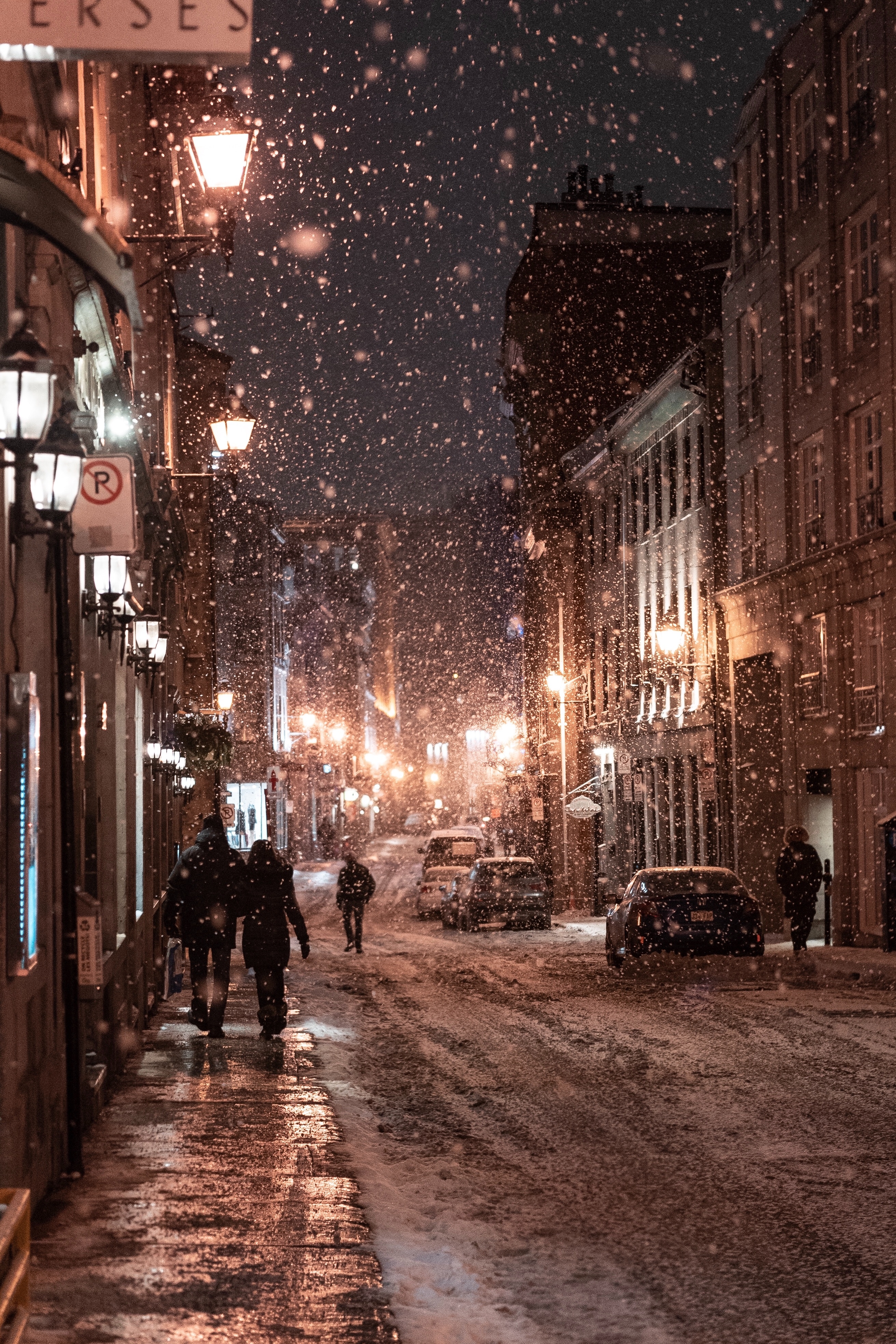 winter, cities, snowfall, evening, people, street, night, city