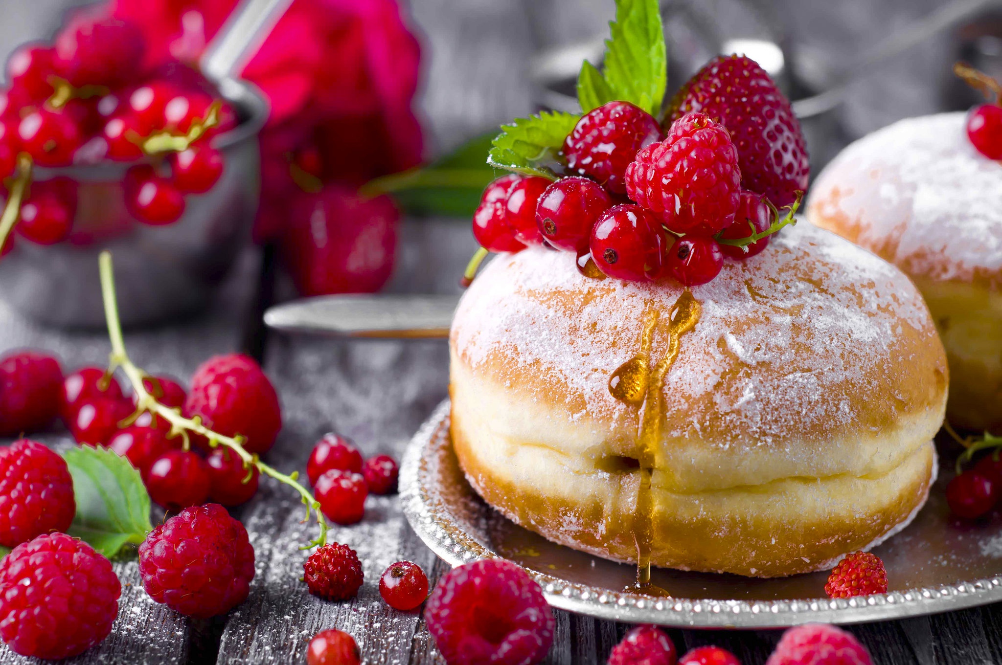 Download mobile wallpaper Food, Strawberry, Raspberry, Still Life, Berry, Doughnut, Currants, Pastry for free.