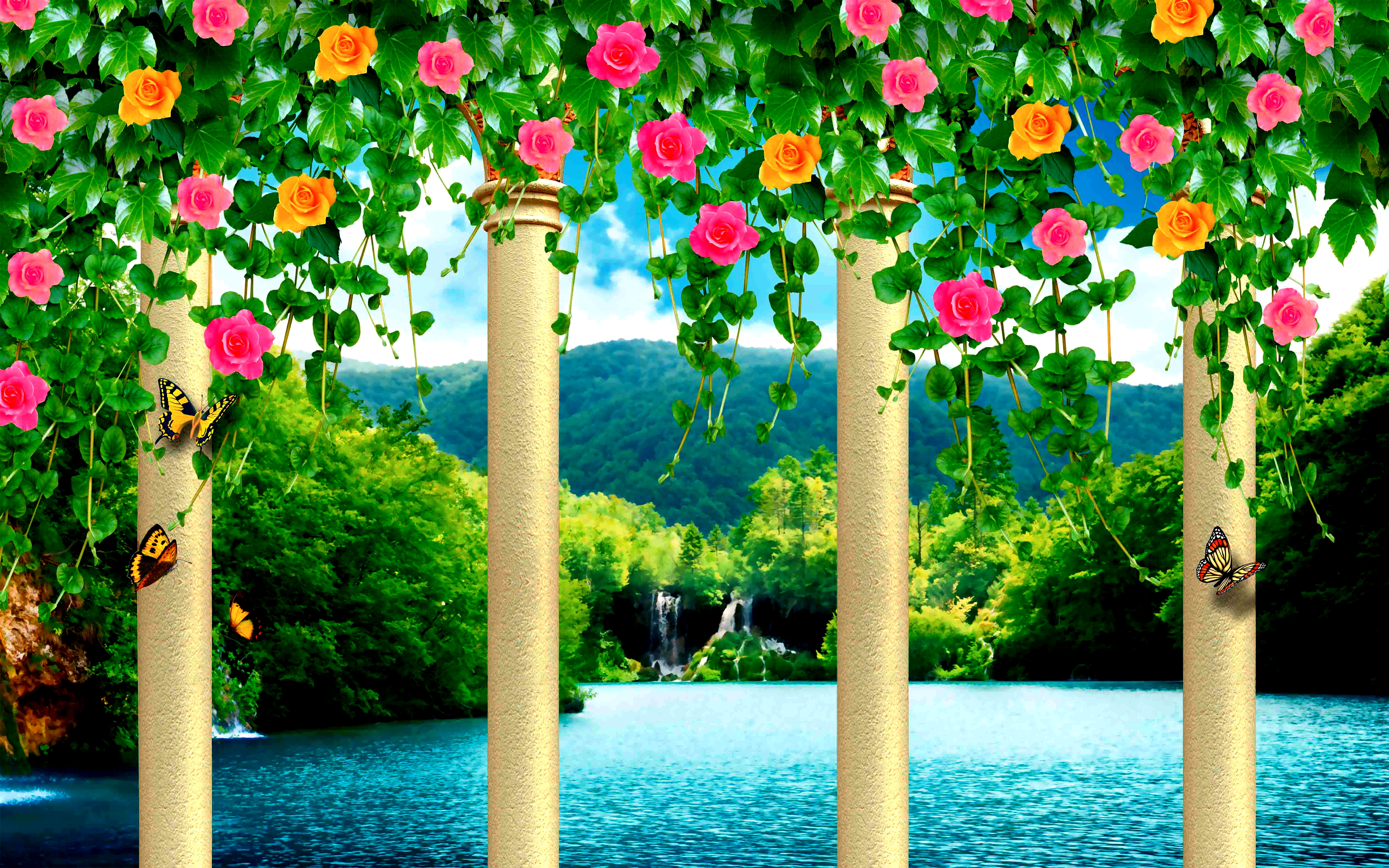 Laden Sie das Natur, See, Blume, Wasserfall, Wald, Rose, Bunt, Frühling, Säulen, Künstlerisch-Bild kostenlos auf Ihren PC-Desktop herunter