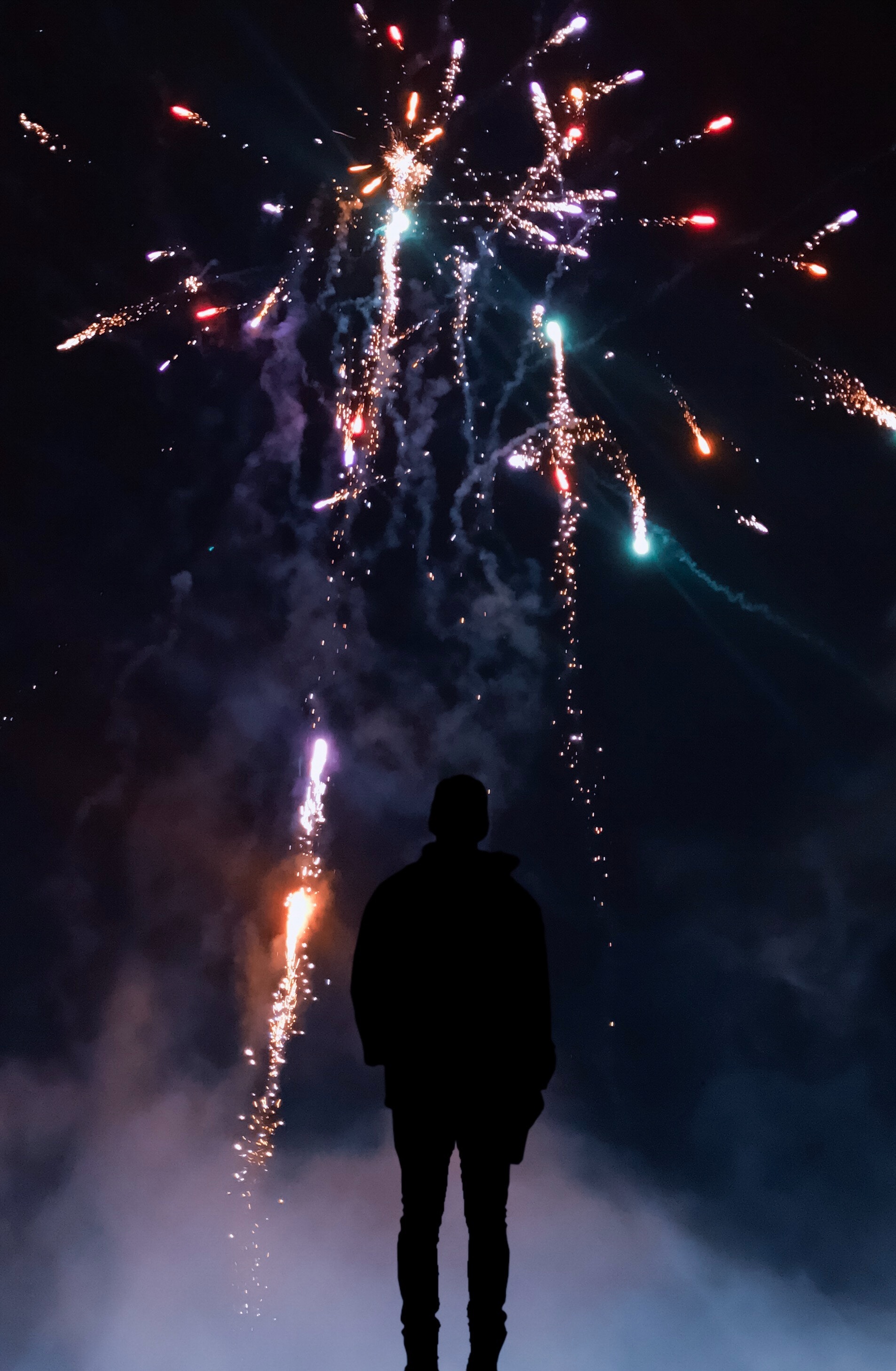 sparks, firework, dark, smoke, salute, silhouette, multicolored, motley, fireworks Full HD