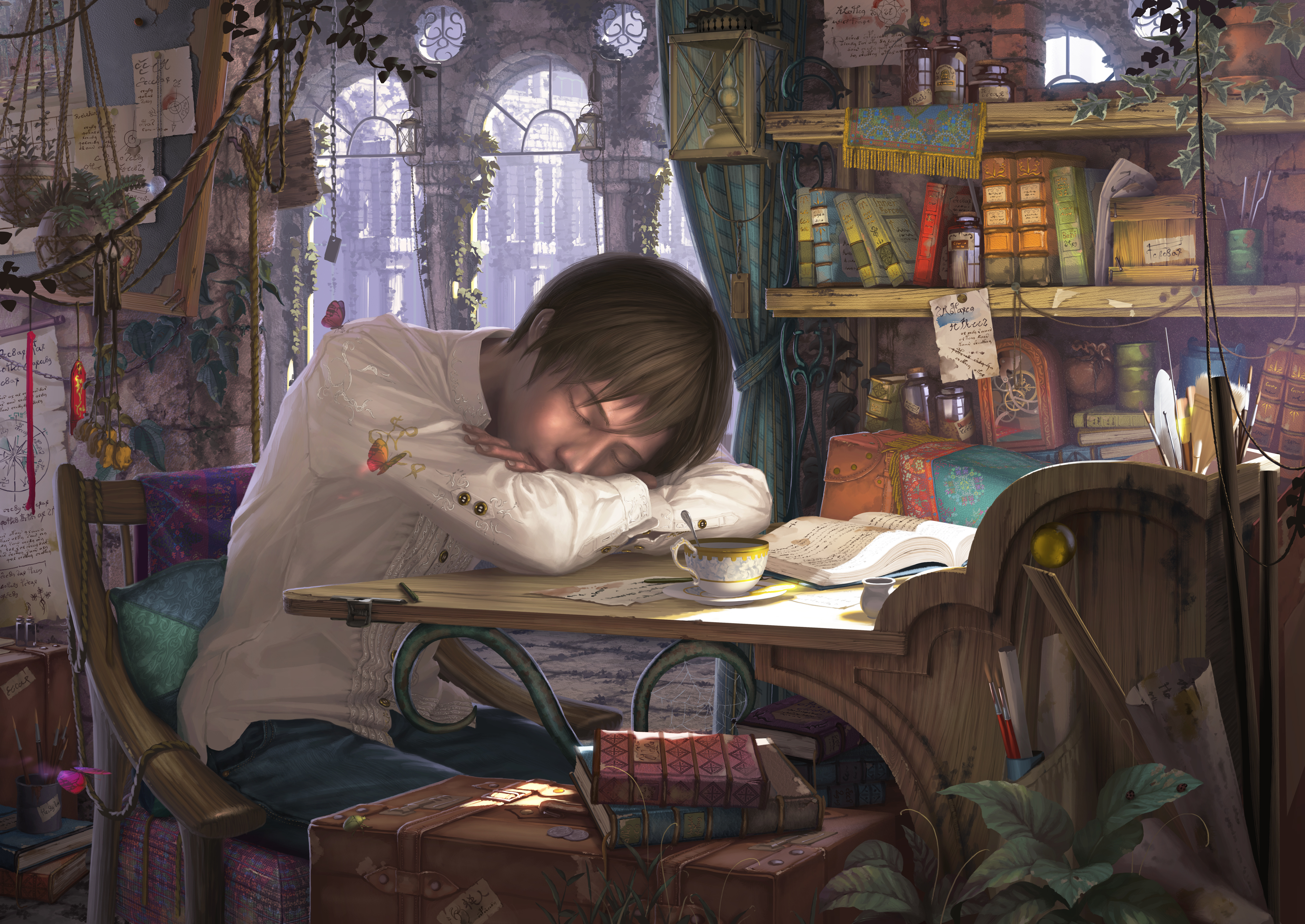 anime, original, book, desk, sleeping