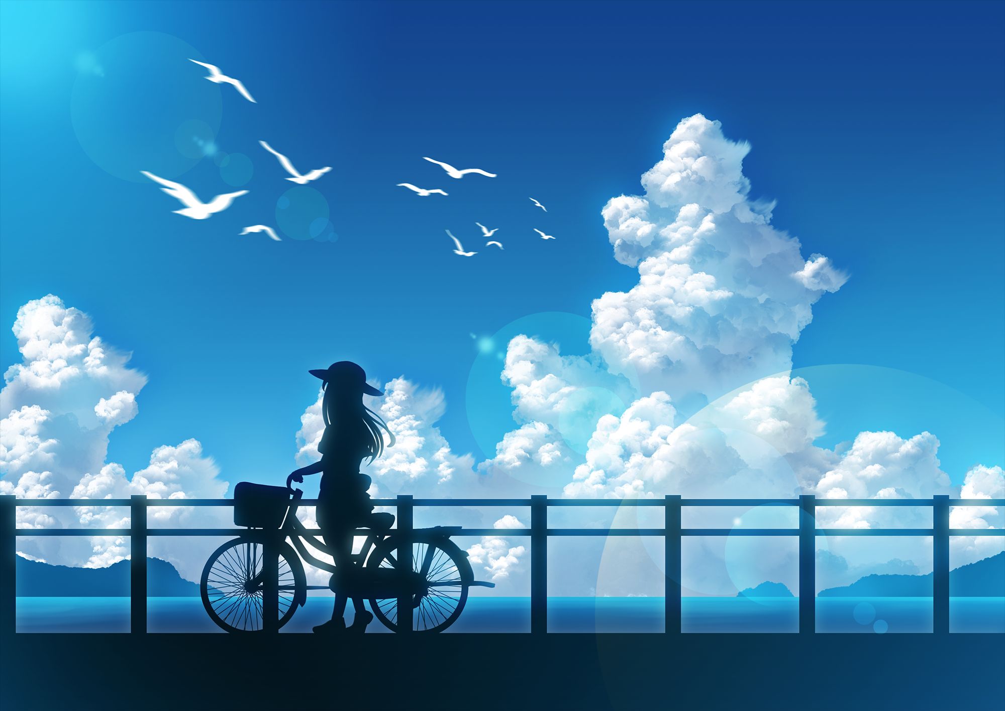 Скачать картинку Аниме, Небо, Облака, Лето, Велосипед, Оригинал в телефон бесплатно.