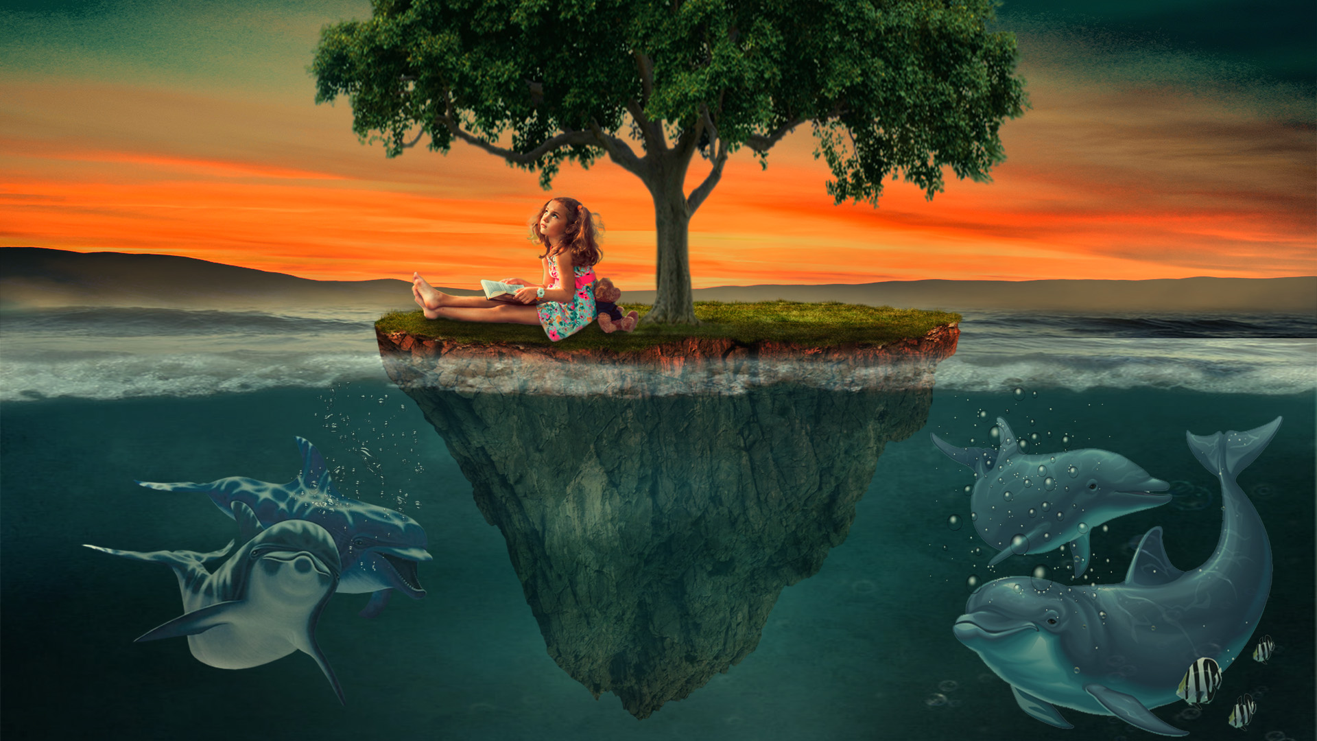 Download mobile wallpaper Tree, Dolphin, Photography, Manipulation, Little Girl for free.