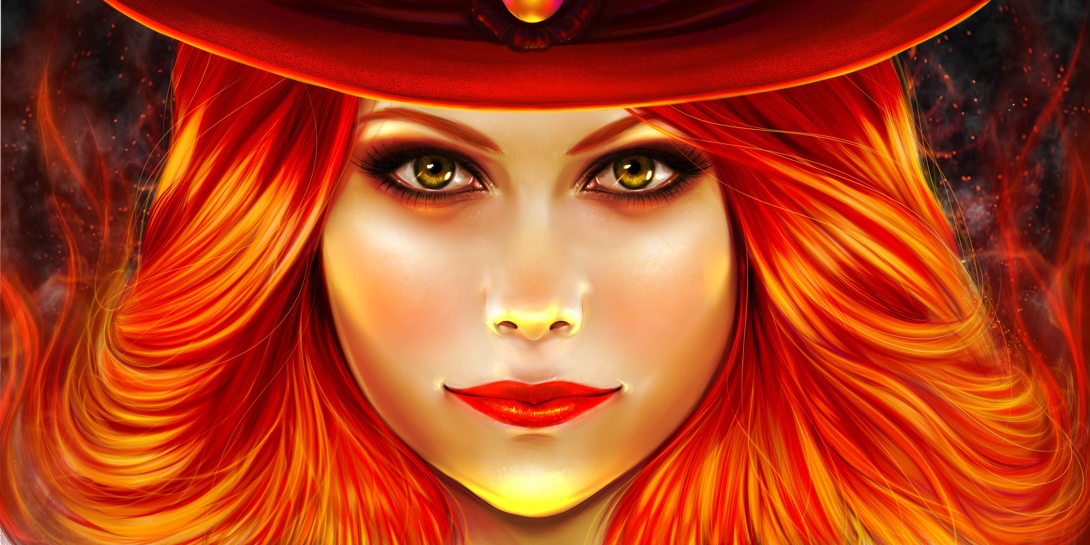 Free download wallpaper Bright, Artistic, Face, Women, Green Eyes, Red Hair on your PC desktop