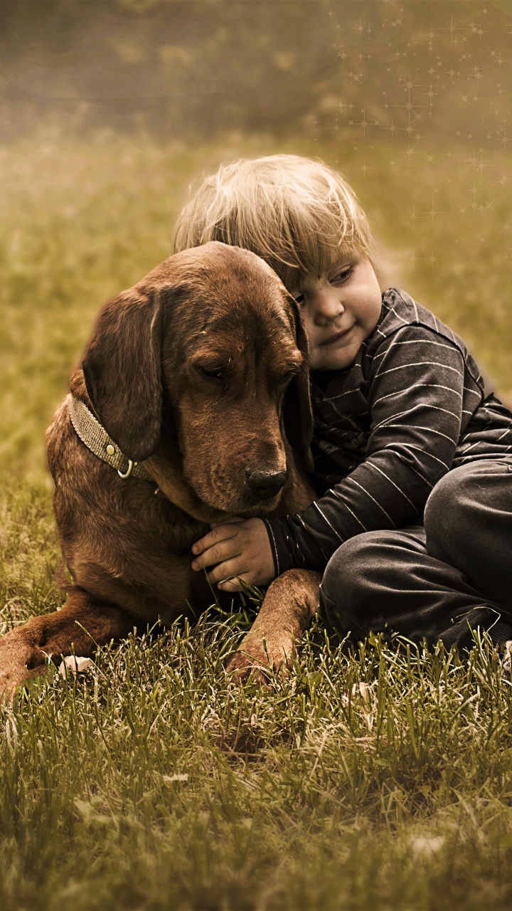 Download mobile wallpaper Love, Dog, Child, Cute, Friend, Photography, Hug for free.